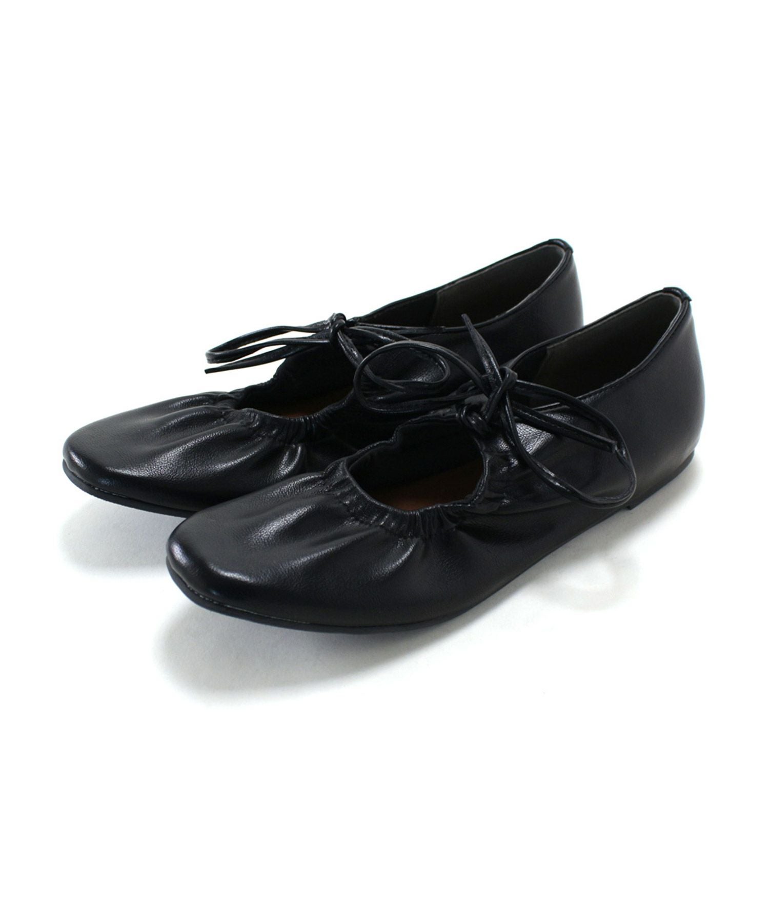 スムース素材レースアップリボンバレエシューズ▲返品不可