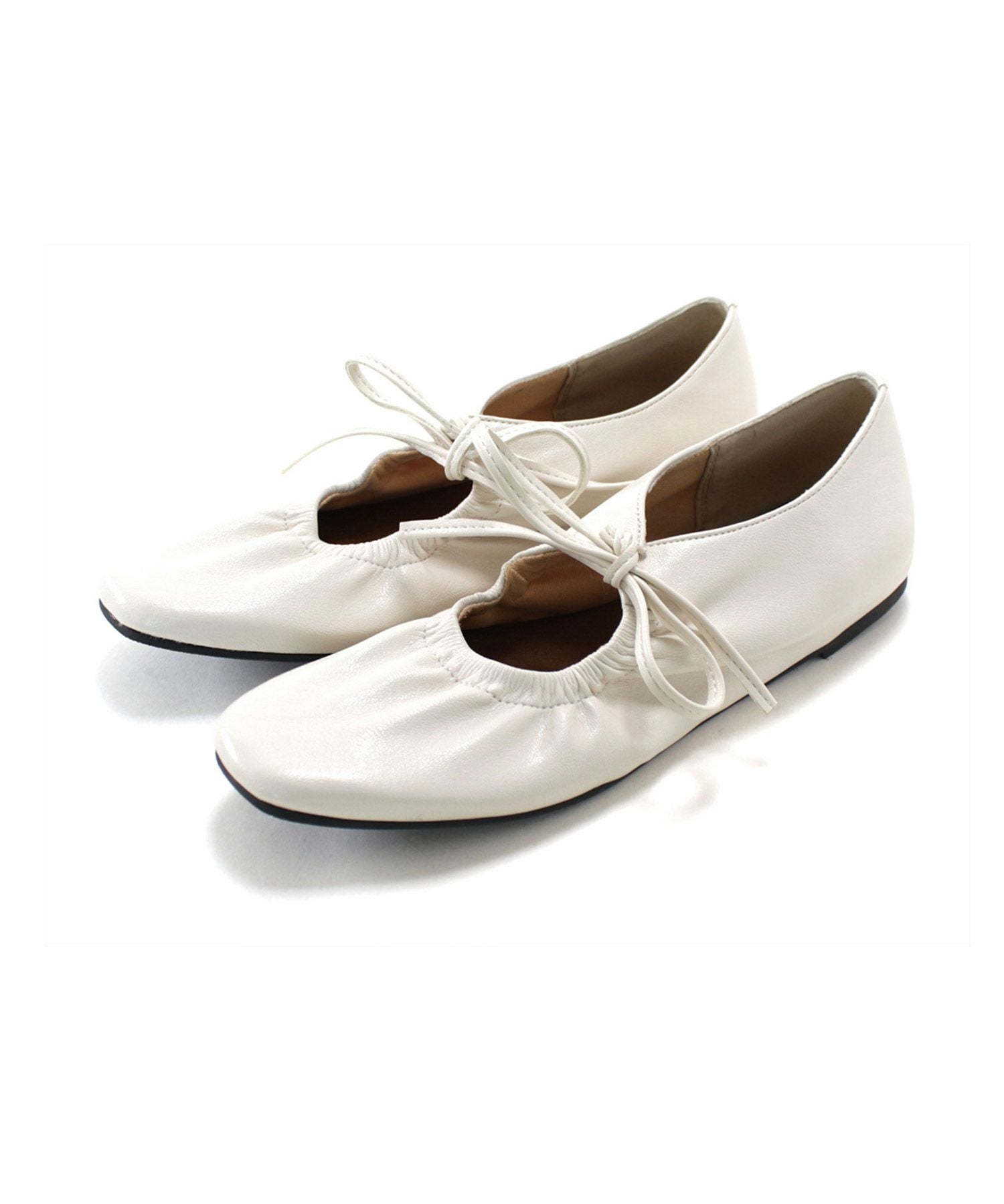 スムース素材レースアップリボンバレエシューズ▲返品不可