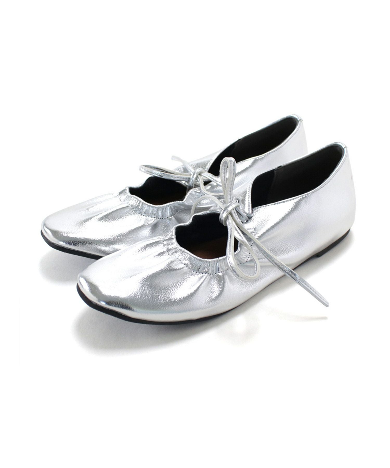 スムース素材レースアップリボンバレエシューズ▲返品不可