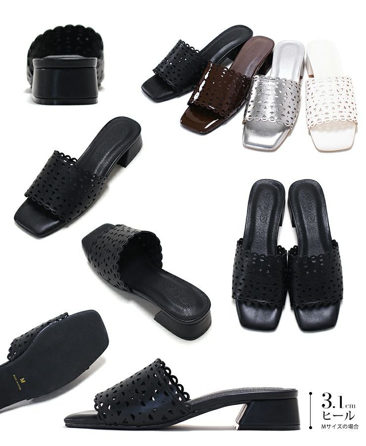 カットワークローヒールミュールサンダル▲返品不可