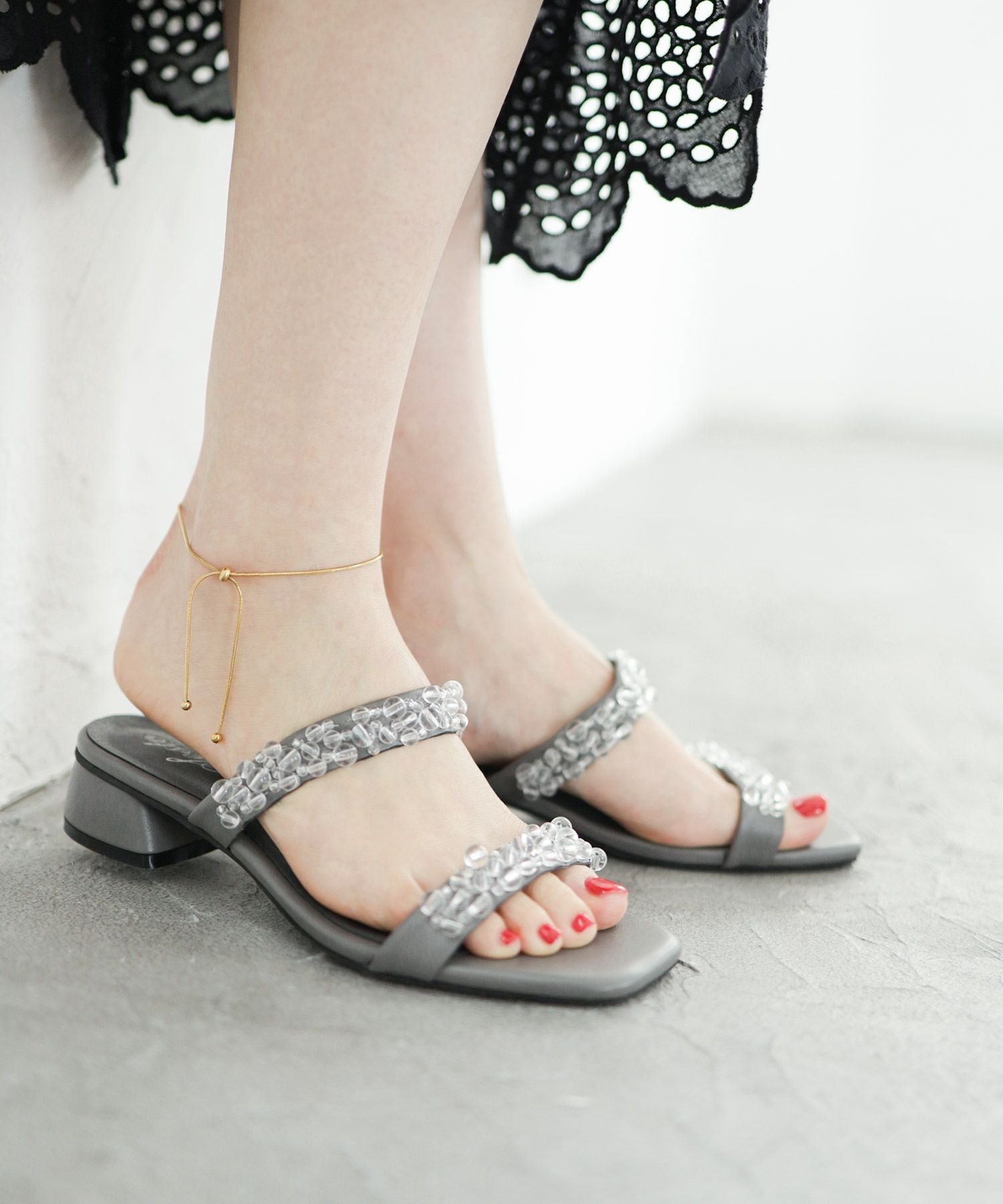 キラキラパール&ガラスミュールサンダル▲返品不可