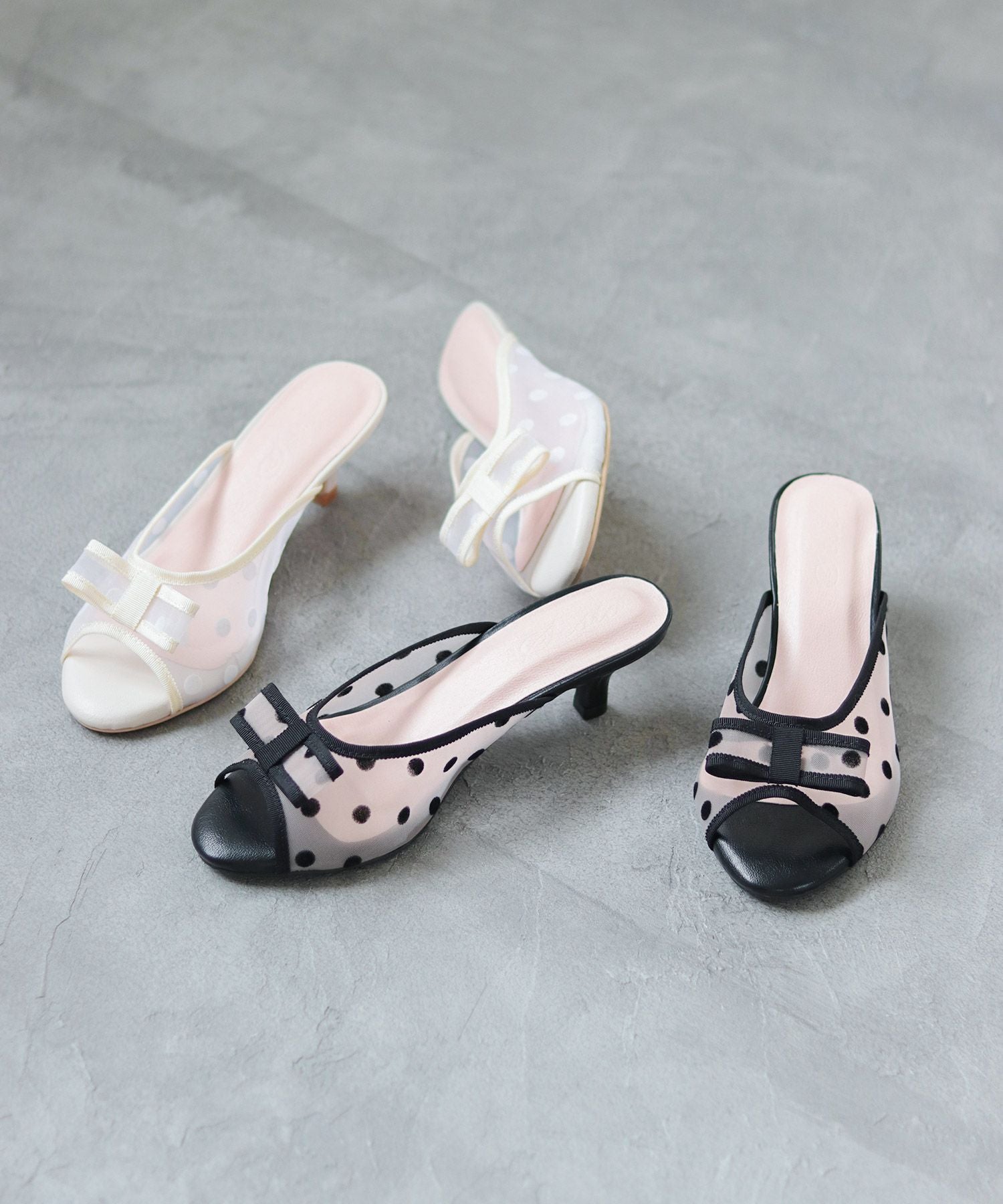 ドットチュールリボンミュールサンダル