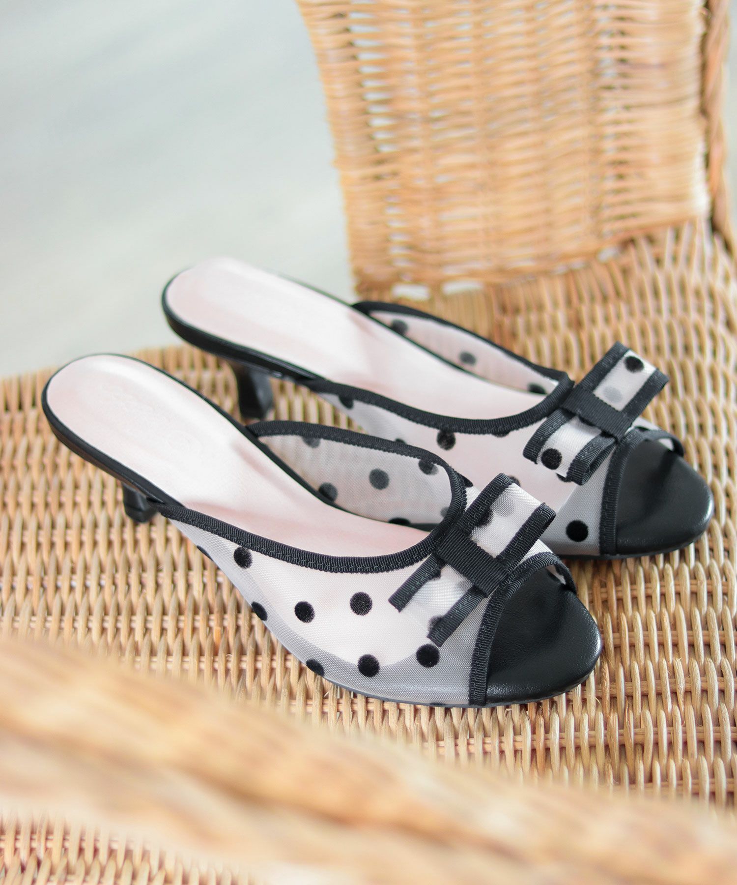 ドットチュールリボンミュールサンダル