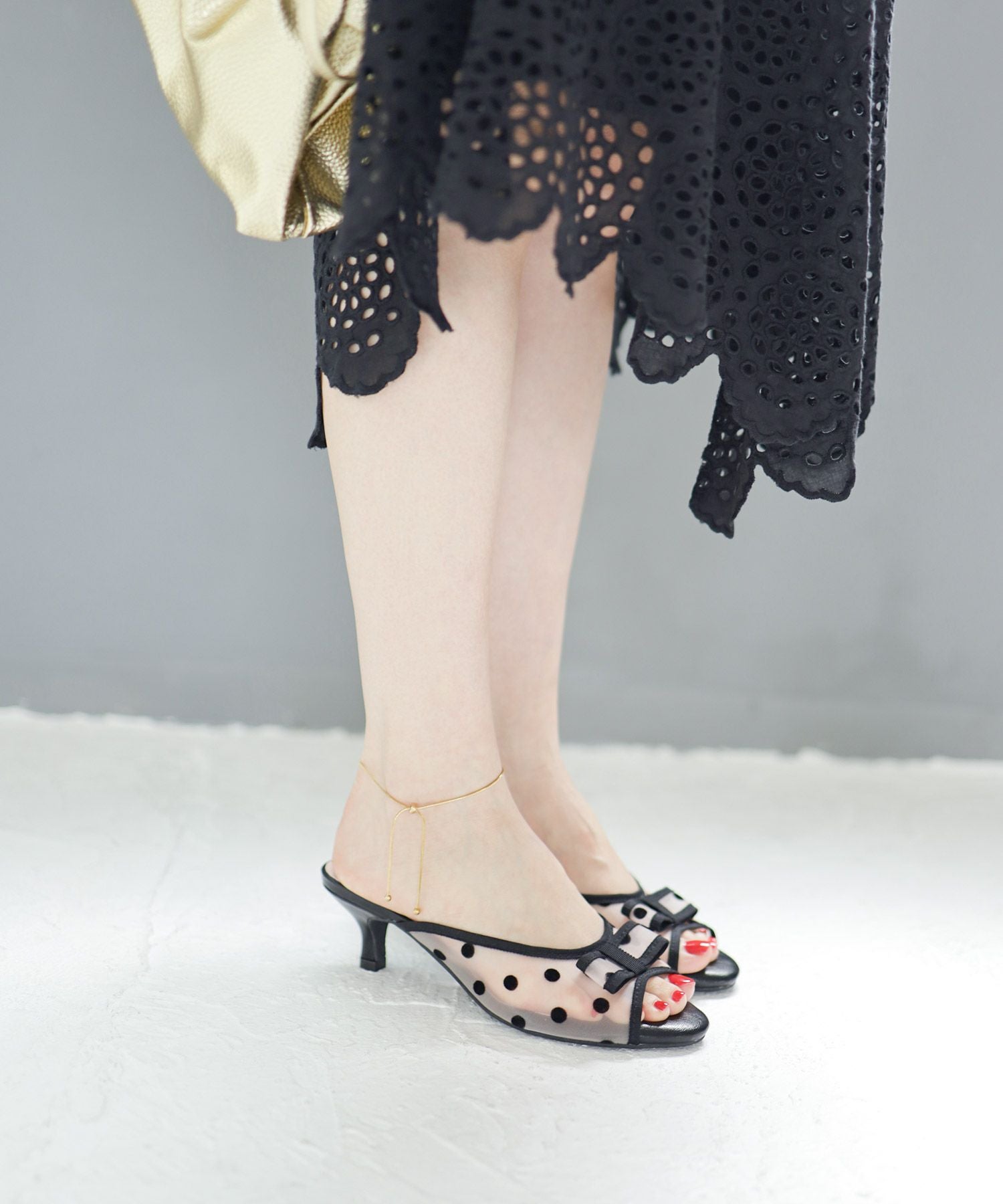 ドットチュールリボンミュールサンダル