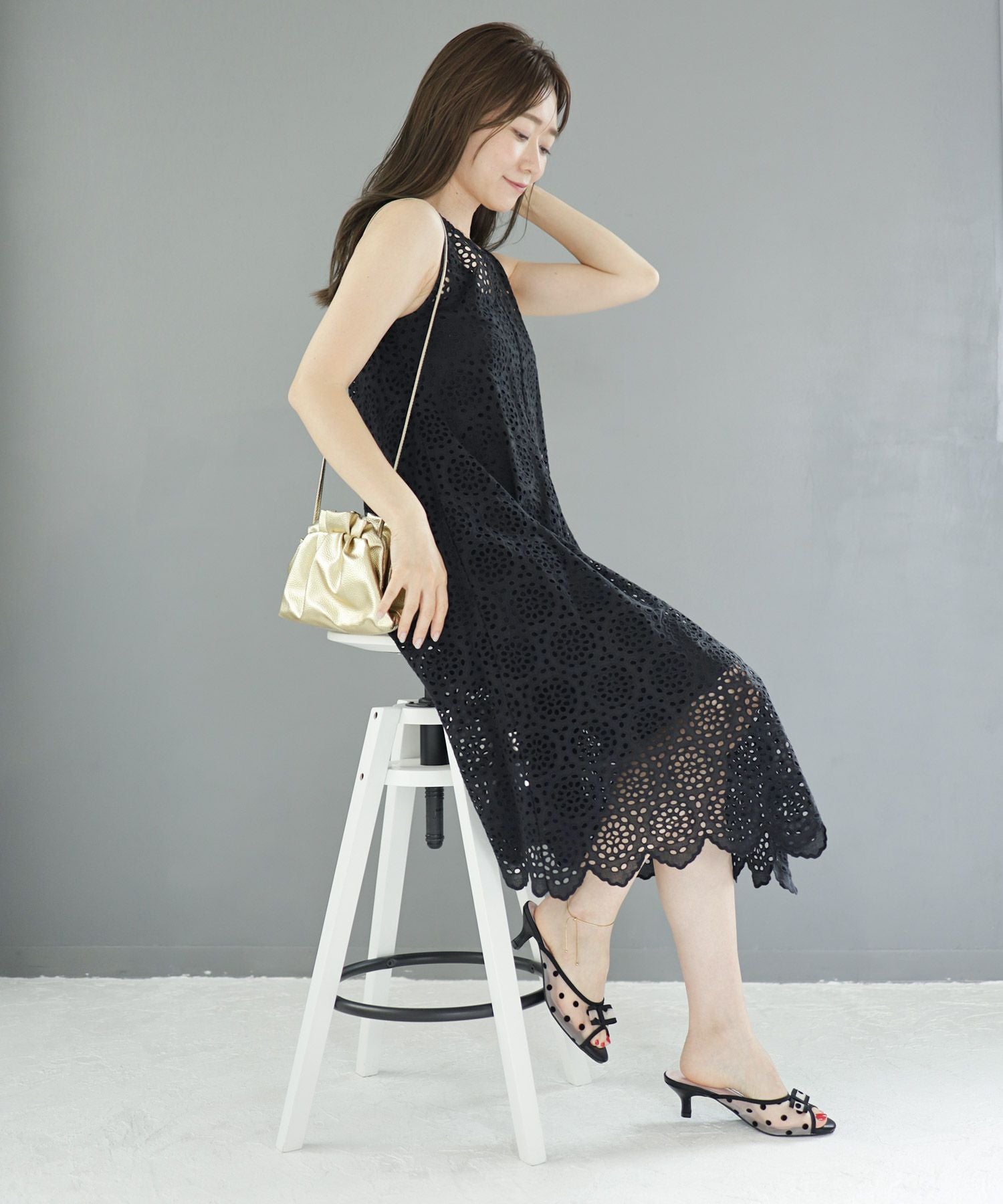 ドットチュールリボンミュールサンダル