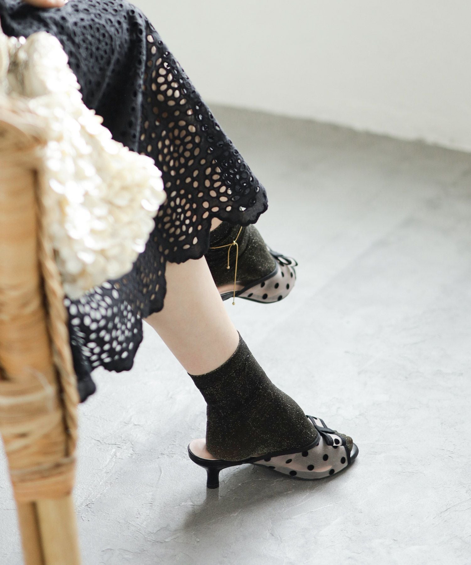 ドットチュールリボンミュールサンダル