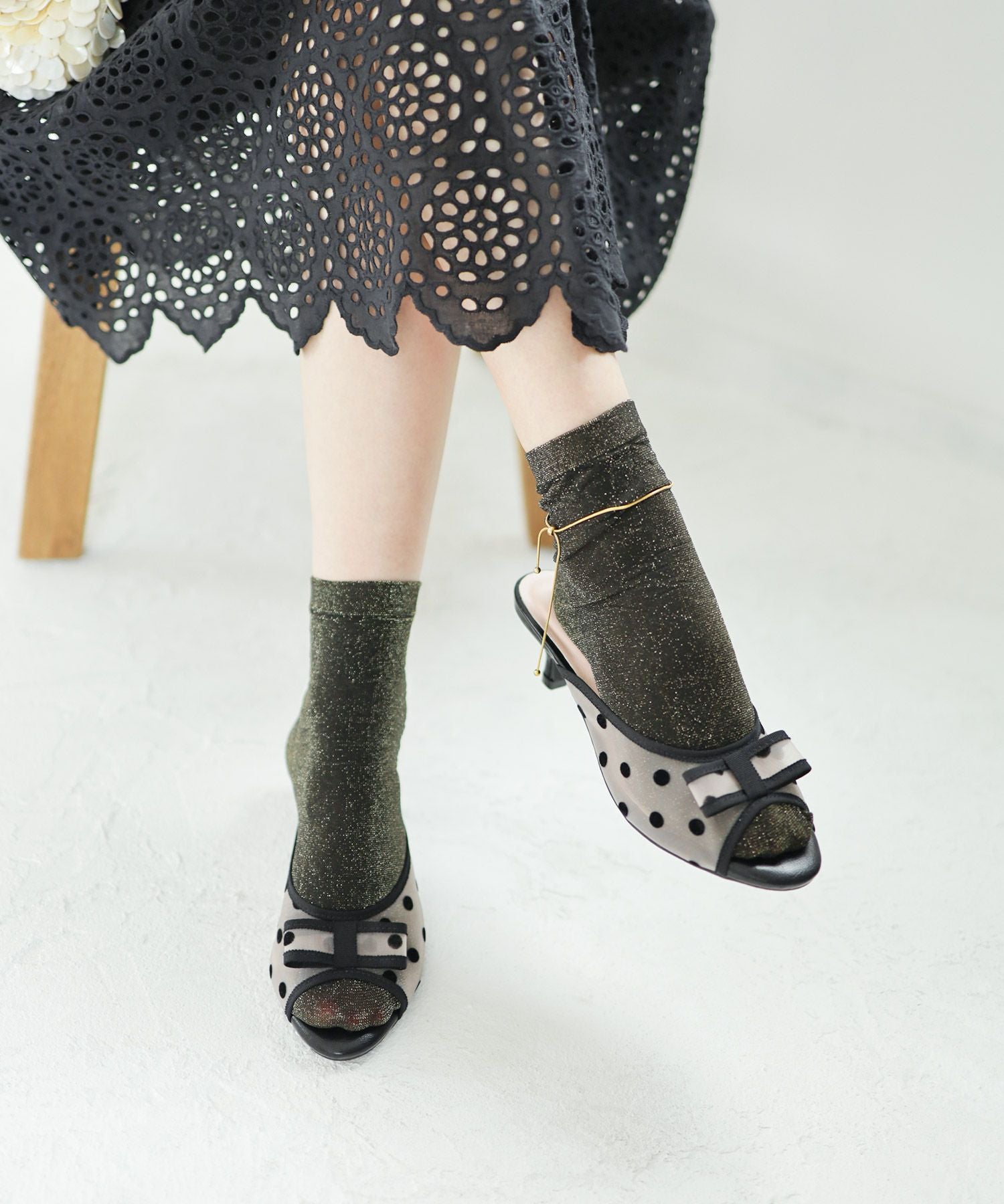 ドットチュールリボンミュールサンダル