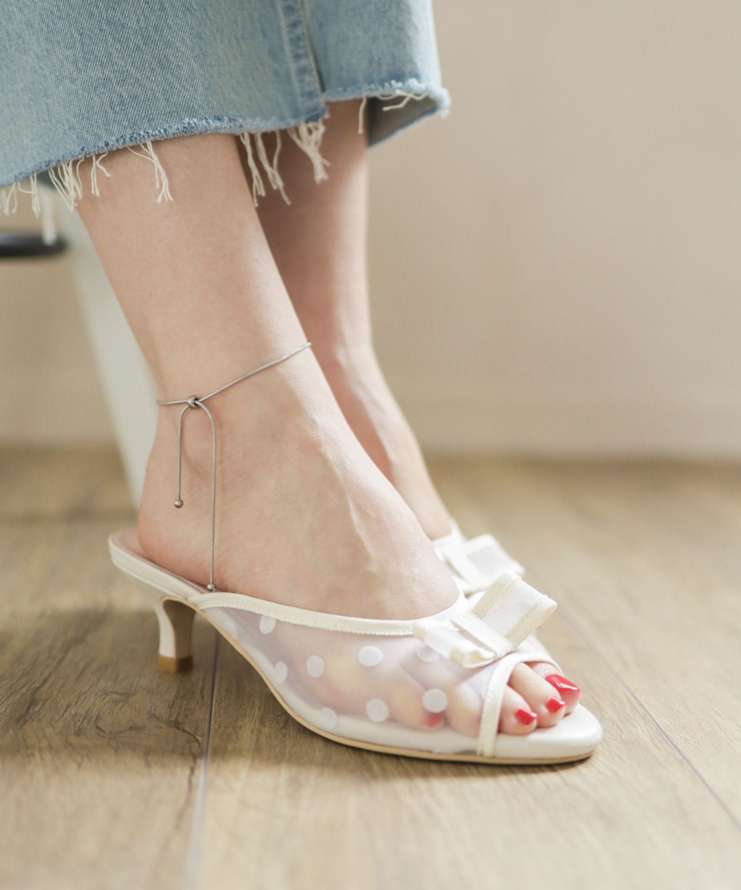 ドットチュールリボンミュールサンダル