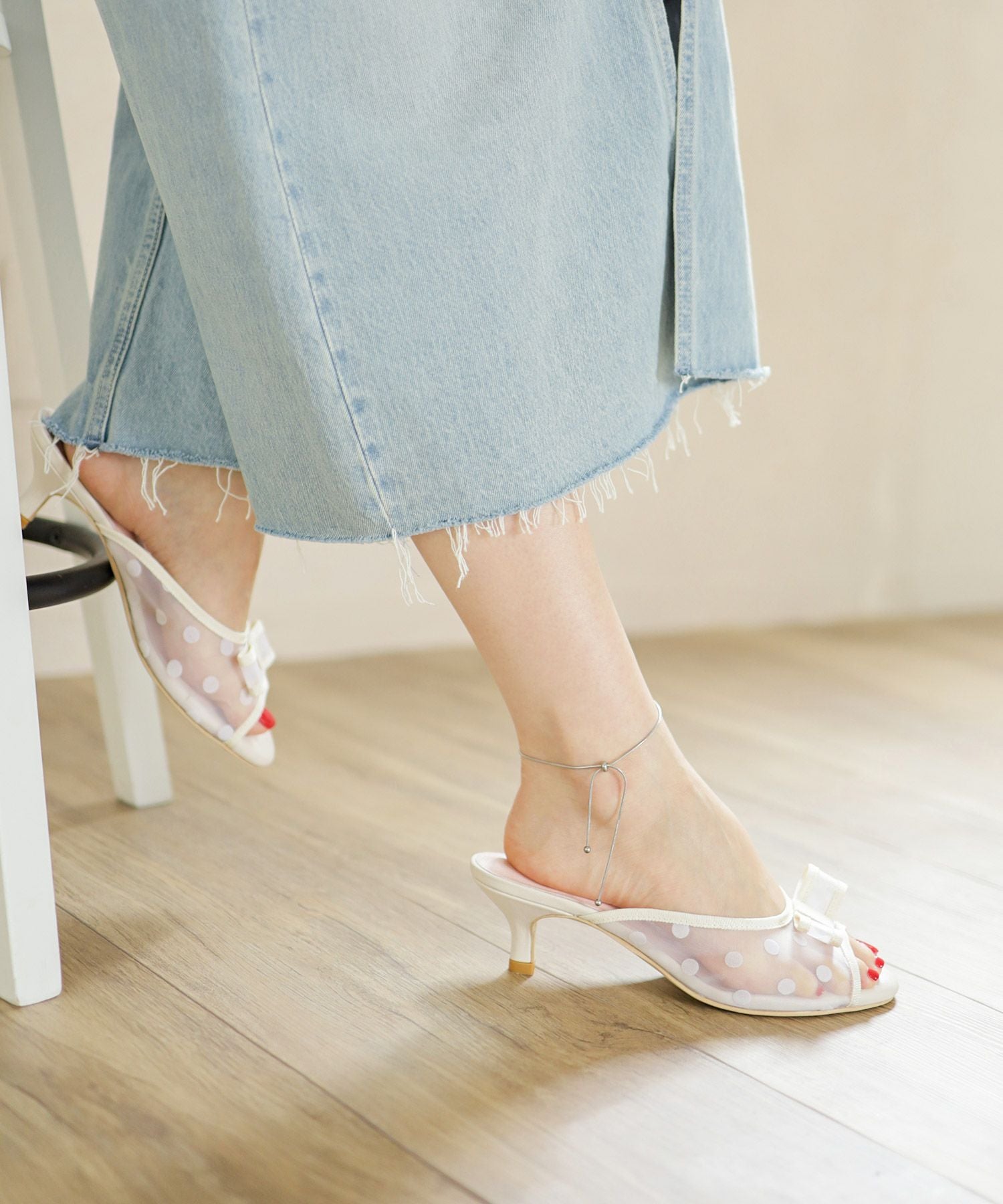 ドットチュールリボンミュールサンダル