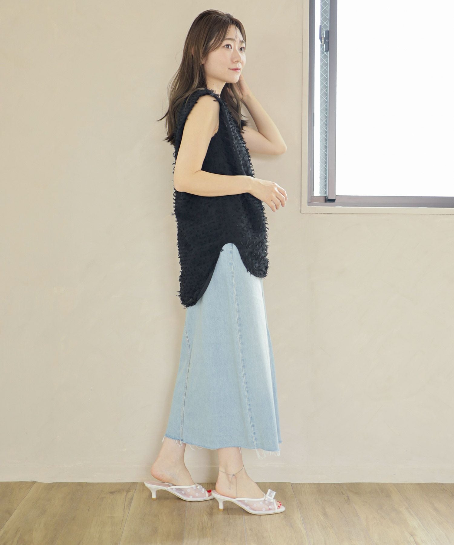 ドットチュールリボンミュールサンダル