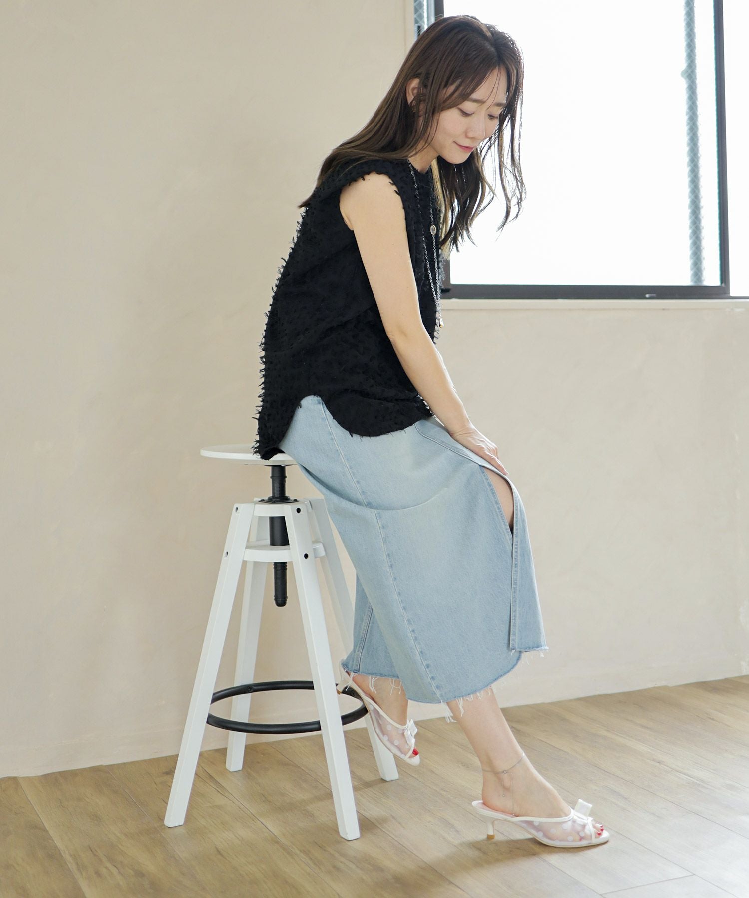 ドットチュールリボンミュールサンダル