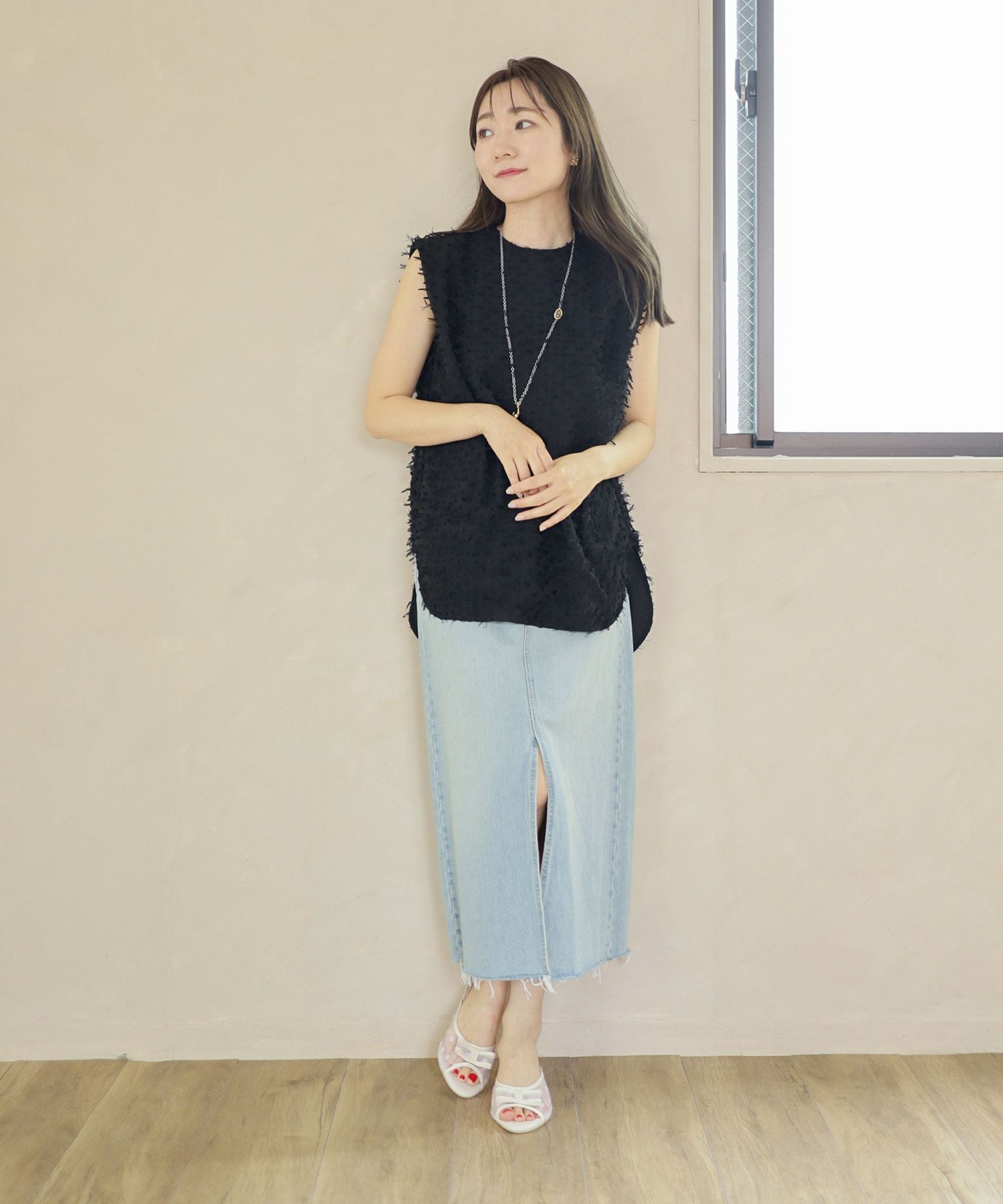 ドットチュールリボンミュールサンダル