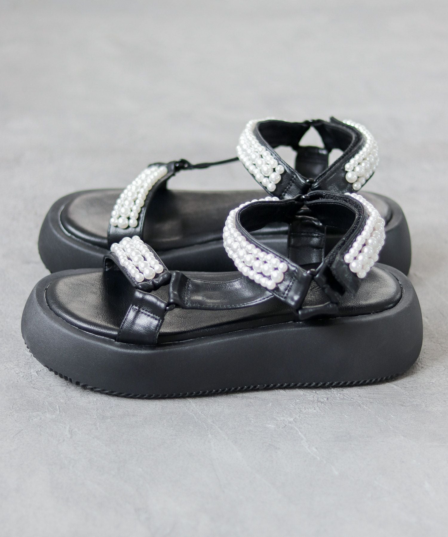 パールデザイン厚底ベルクロスポーツサンダル▲返品不可