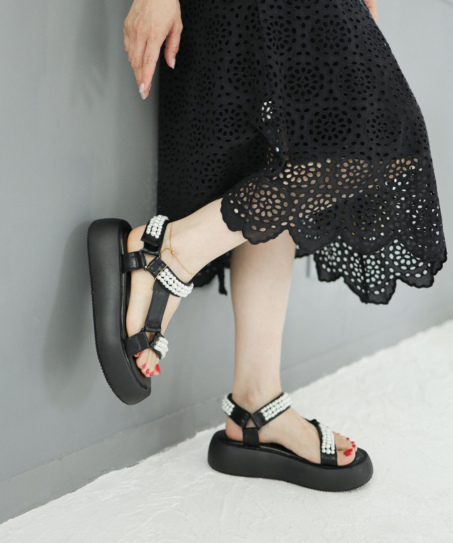 パールデザイン厚底ベルクロスポーツサンダル▲返品不可