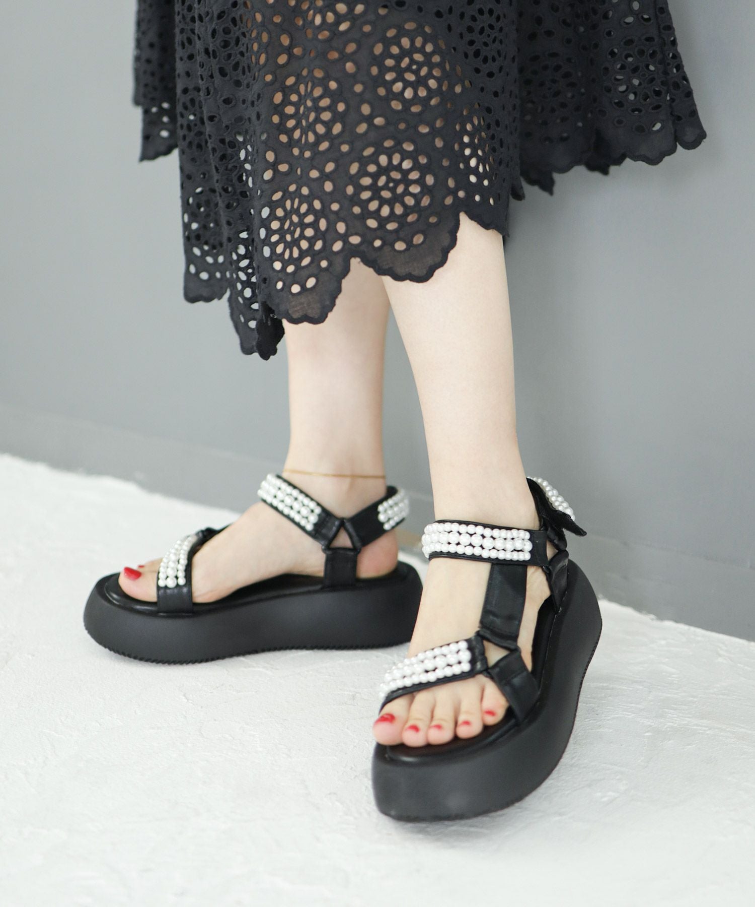 パールデザイン厚底ベルクロスポーツサンダル▲返品不可