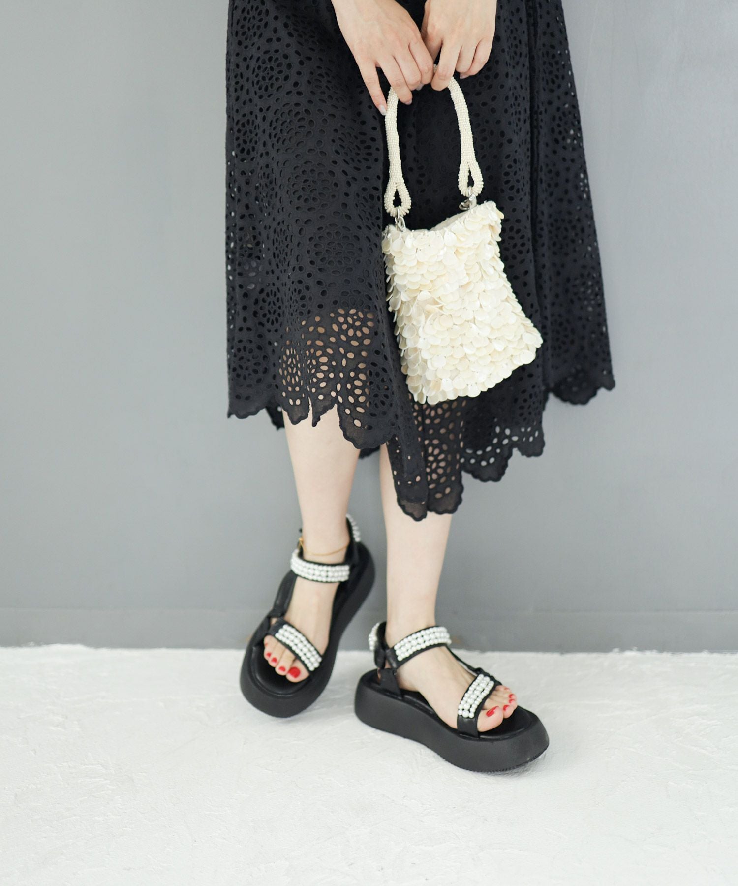 パールデザイン厚底ベルクロスポーツサンダル▲返品不可