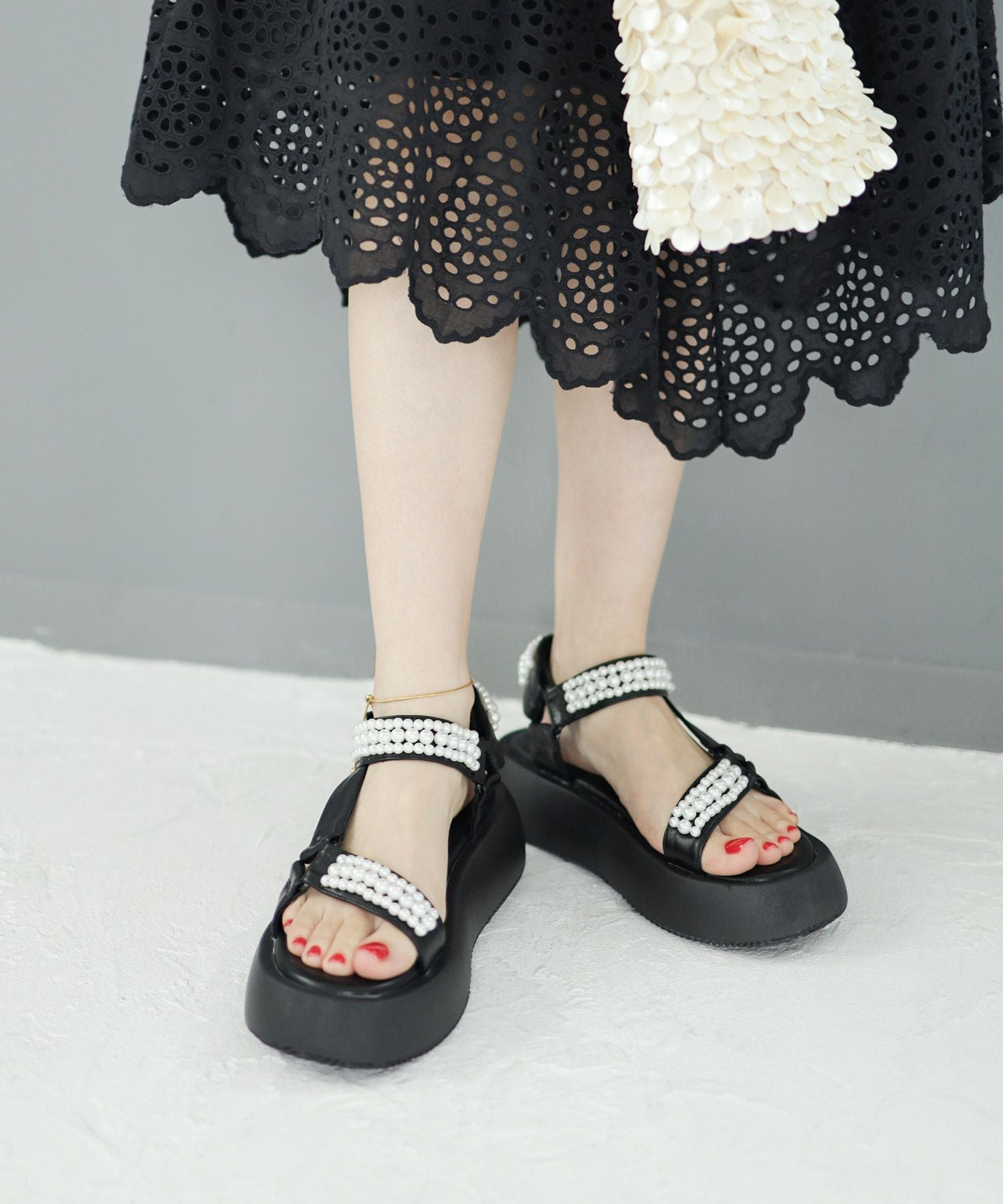 パールデザイン厚底ベルクロスポーツサンダル▲返品不可