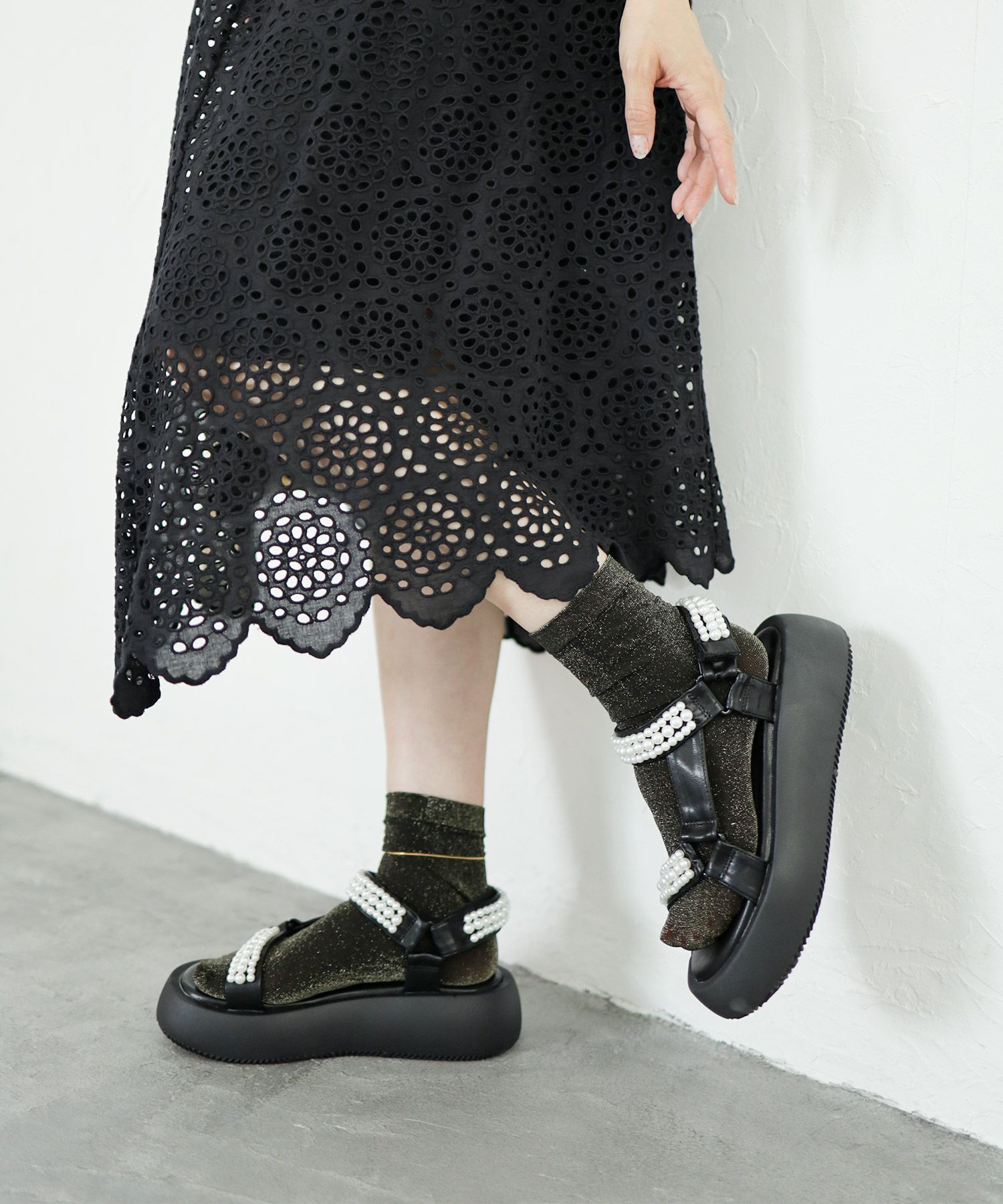 パールデザイン厚底ベルクロスポーツサンダル▲返品不可