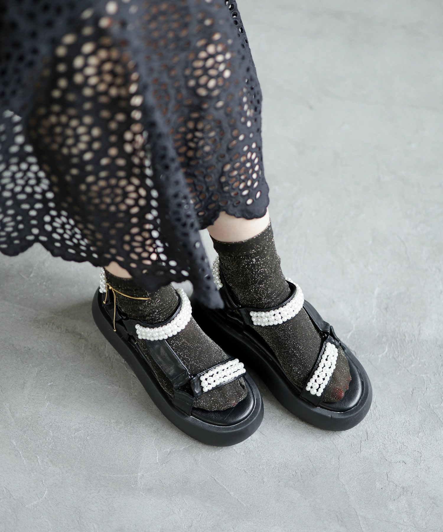 パールデザイン厚底ベルクロスポーツサンダル▲返品不可
