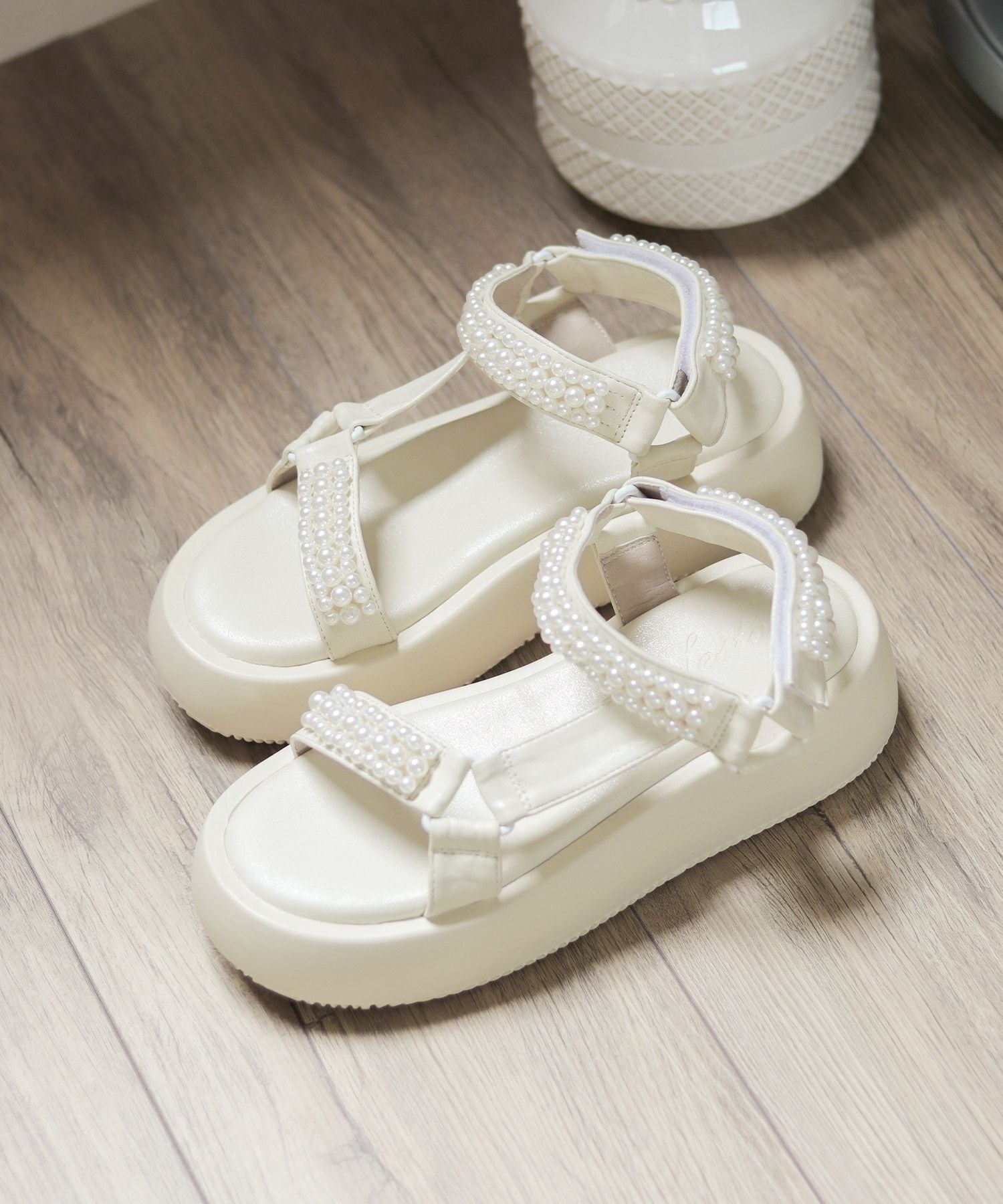 パールデザイン厚底ベルクロスポーツサンダル▲返品不可