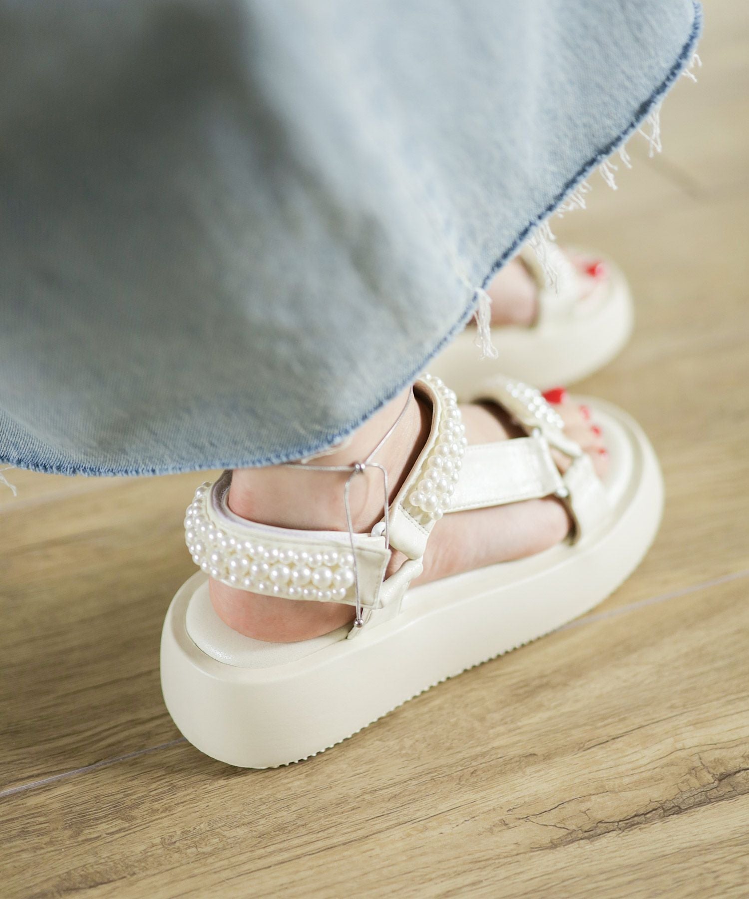 パールデザイン厚底ベルクロスポーツサンダル▲返品不可