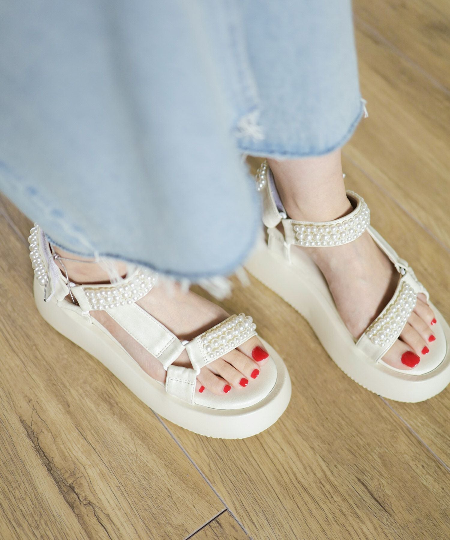 パールデザイン厚底ベルクロスポーツサンダル▲返品不可