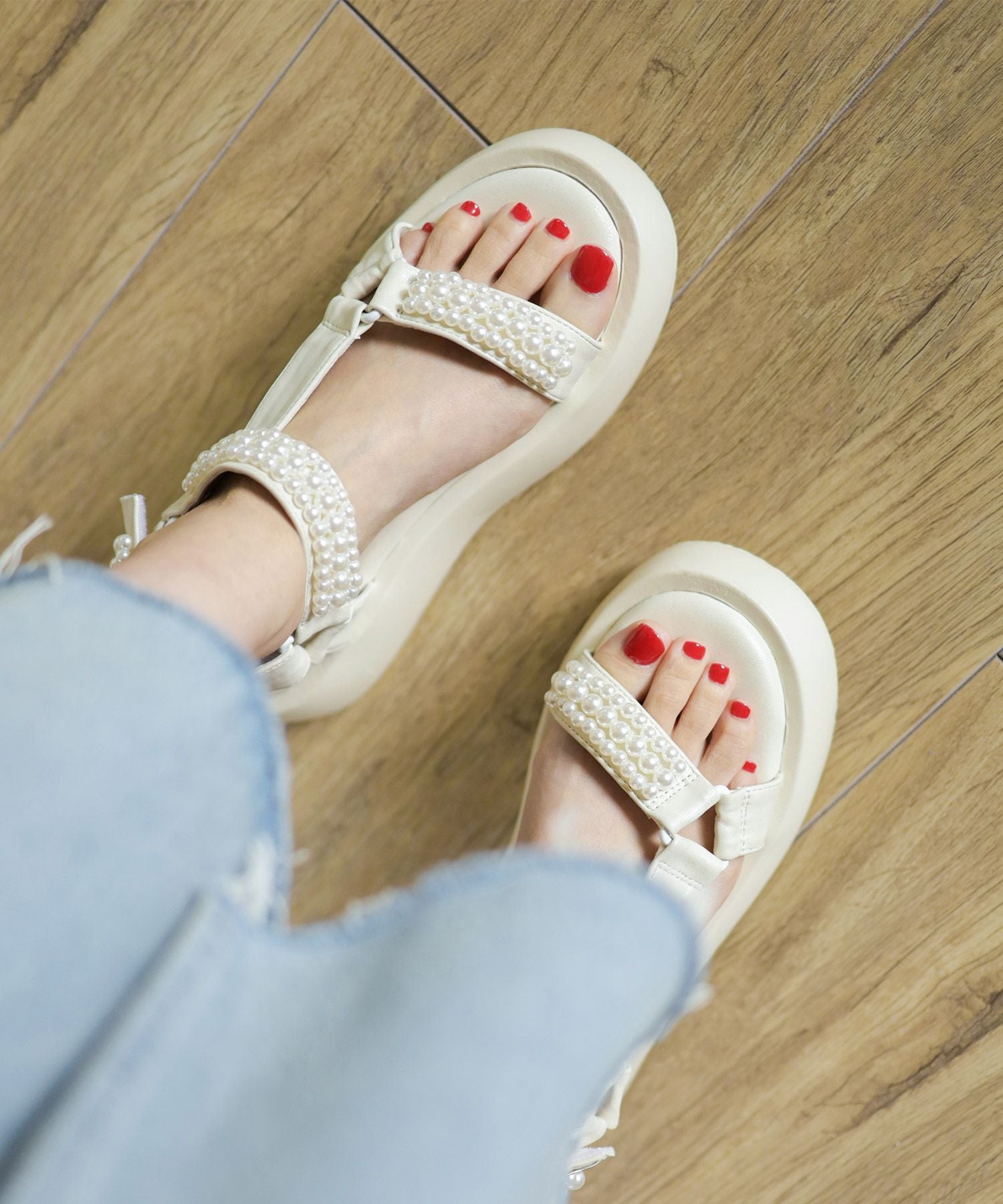 パールデザイン厚底ベルクロスポーツサンダル▲返品不可