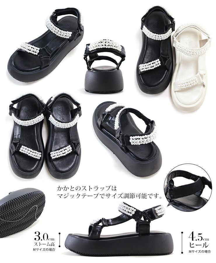 パールデザイン厚底ベルクロスポーツサンダル▲返品不可