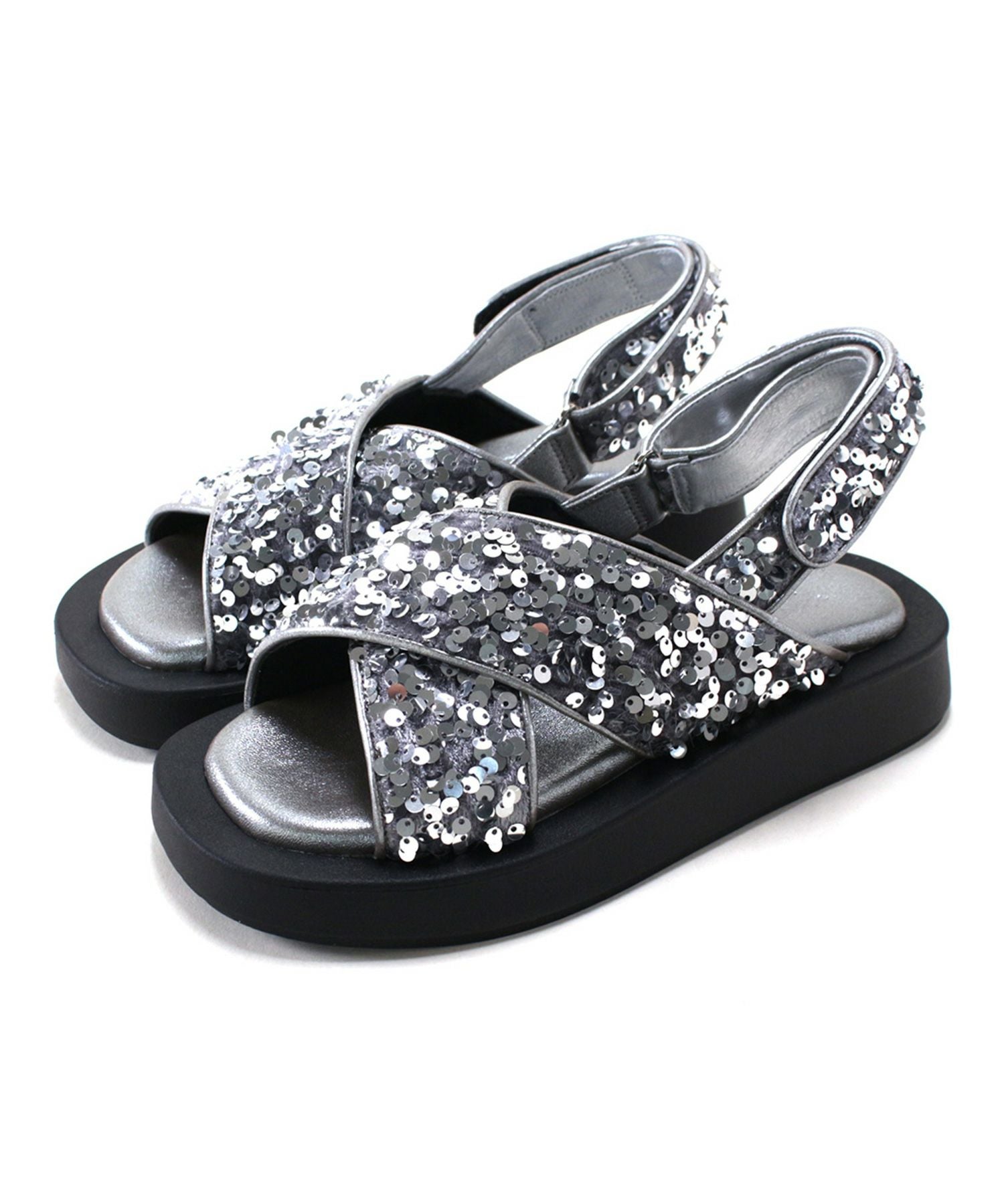 スパンコールクロスベルト軽量厚底サンダル▲返品不可