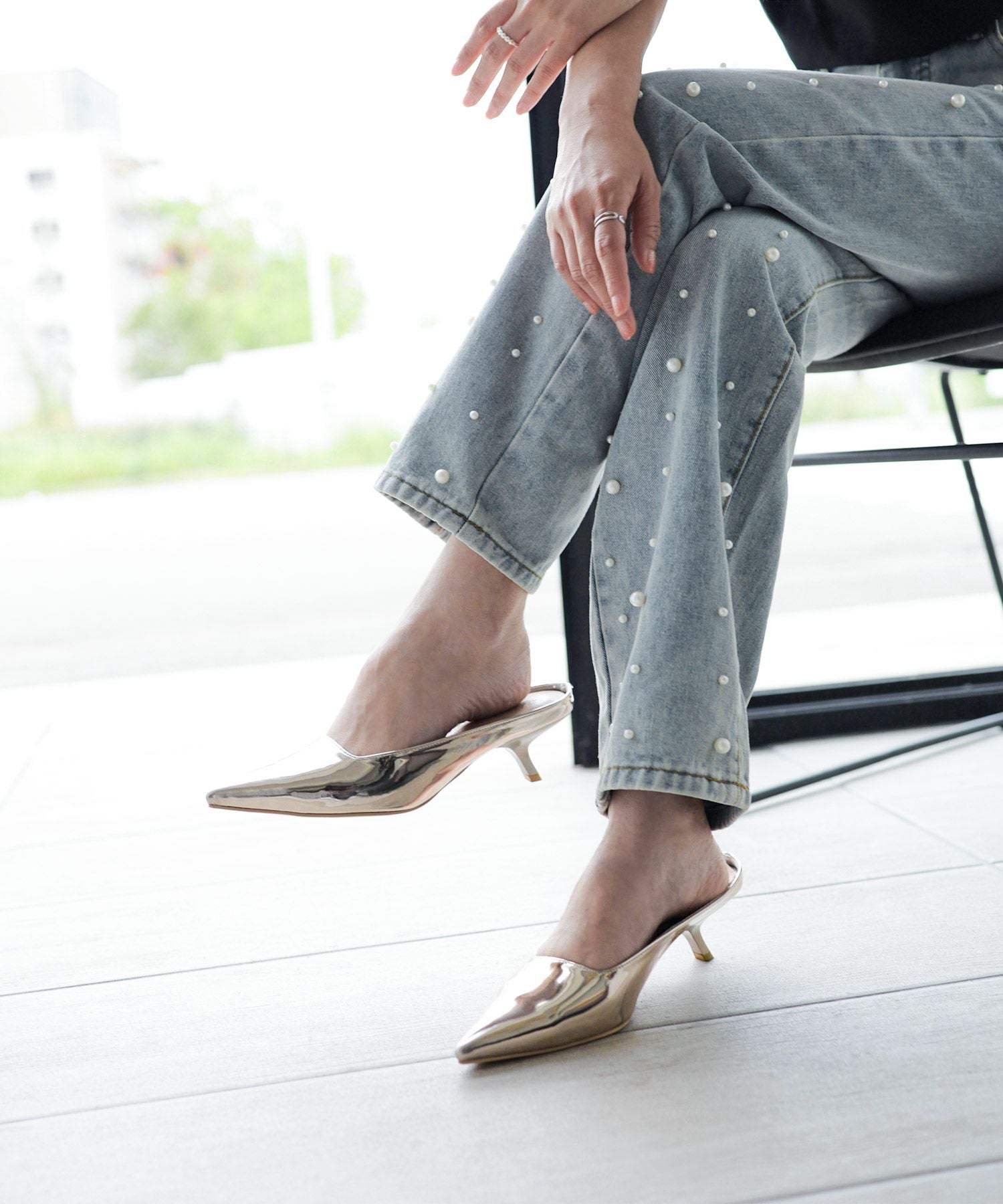 カーブヒールポインテッドトゥミュールサンダル▲返品不可