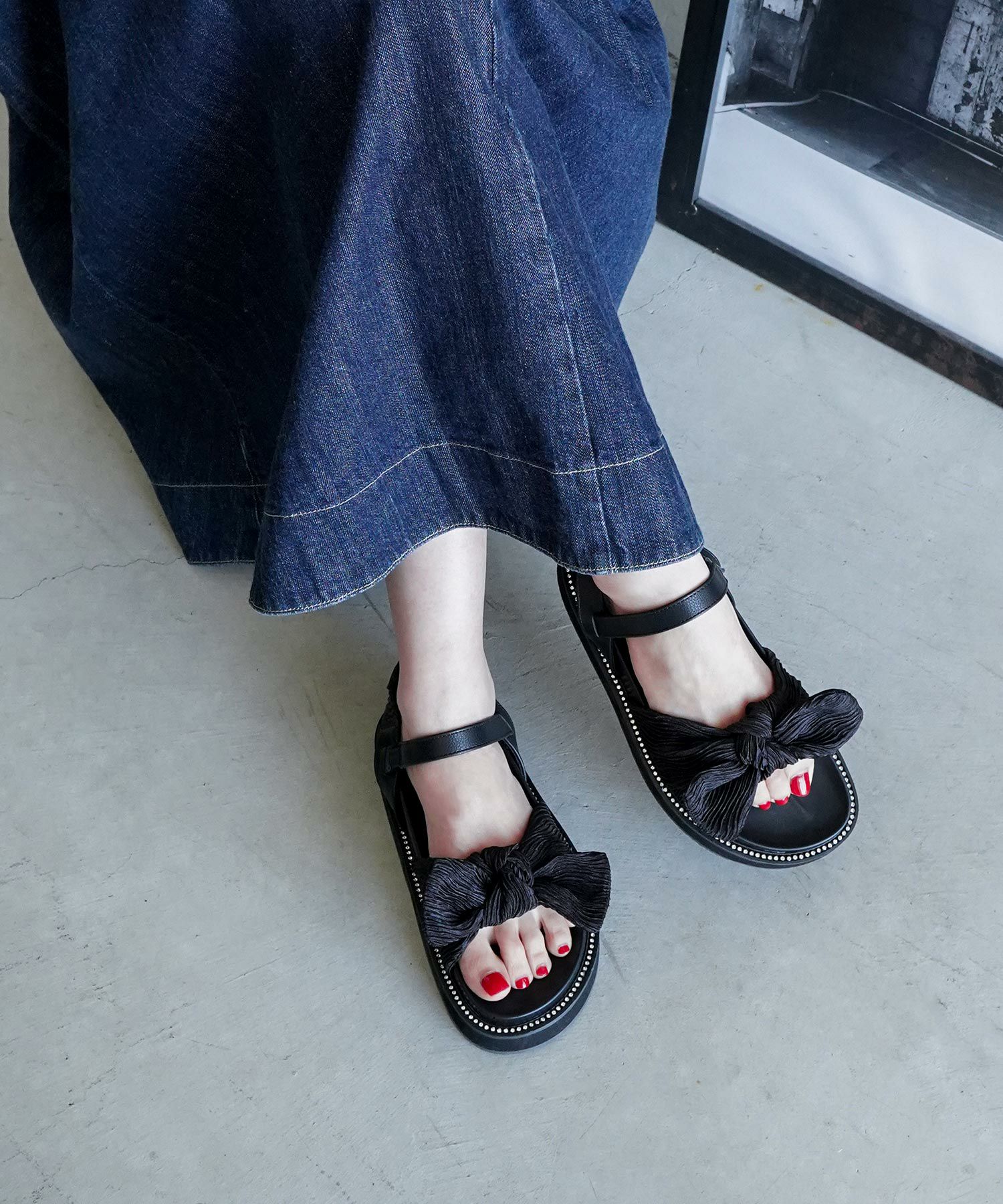 プリーツリボンフットベッドサンダル▲返品不可