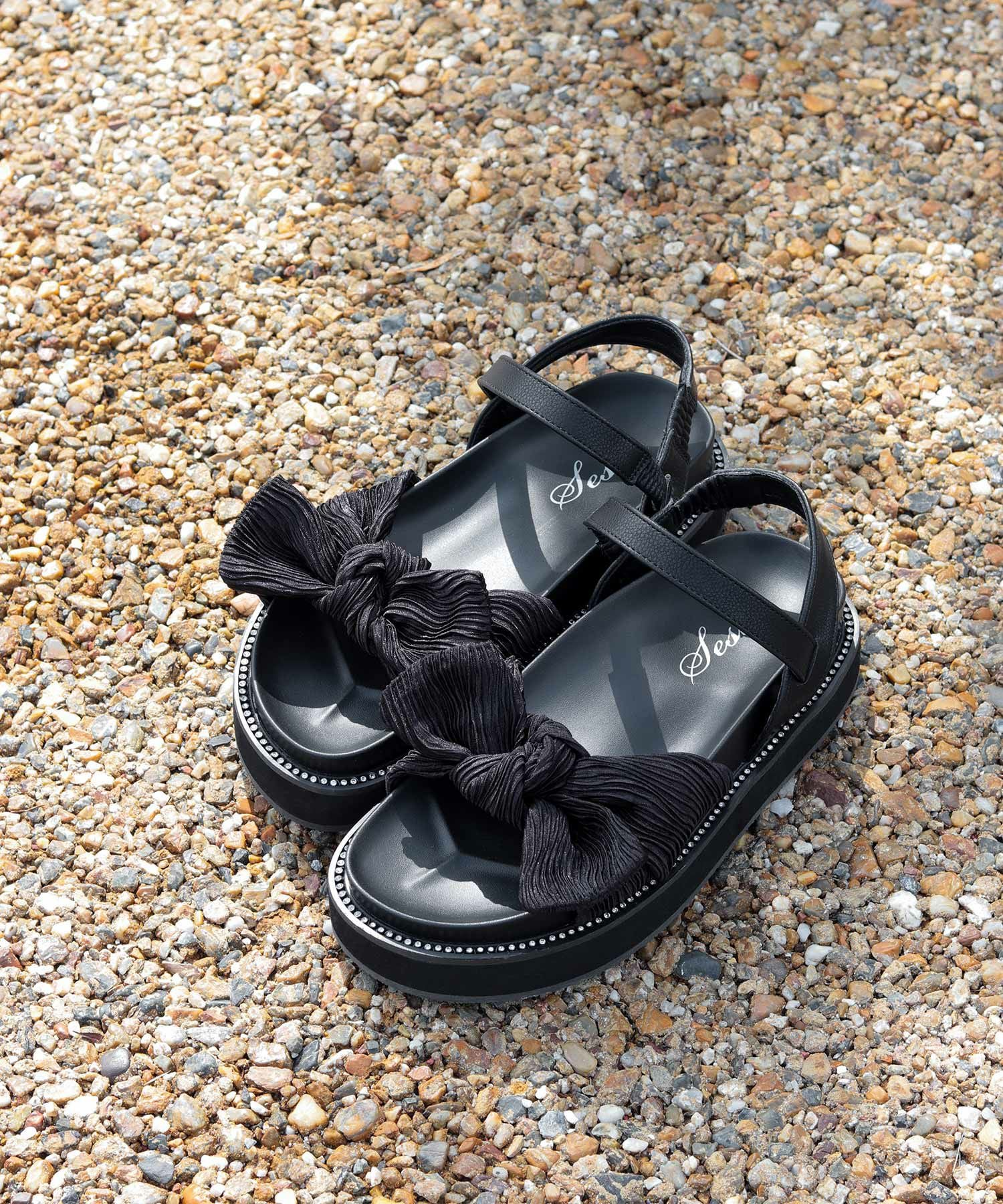 プリーツリボンフットベッドサンダル▲返品不可