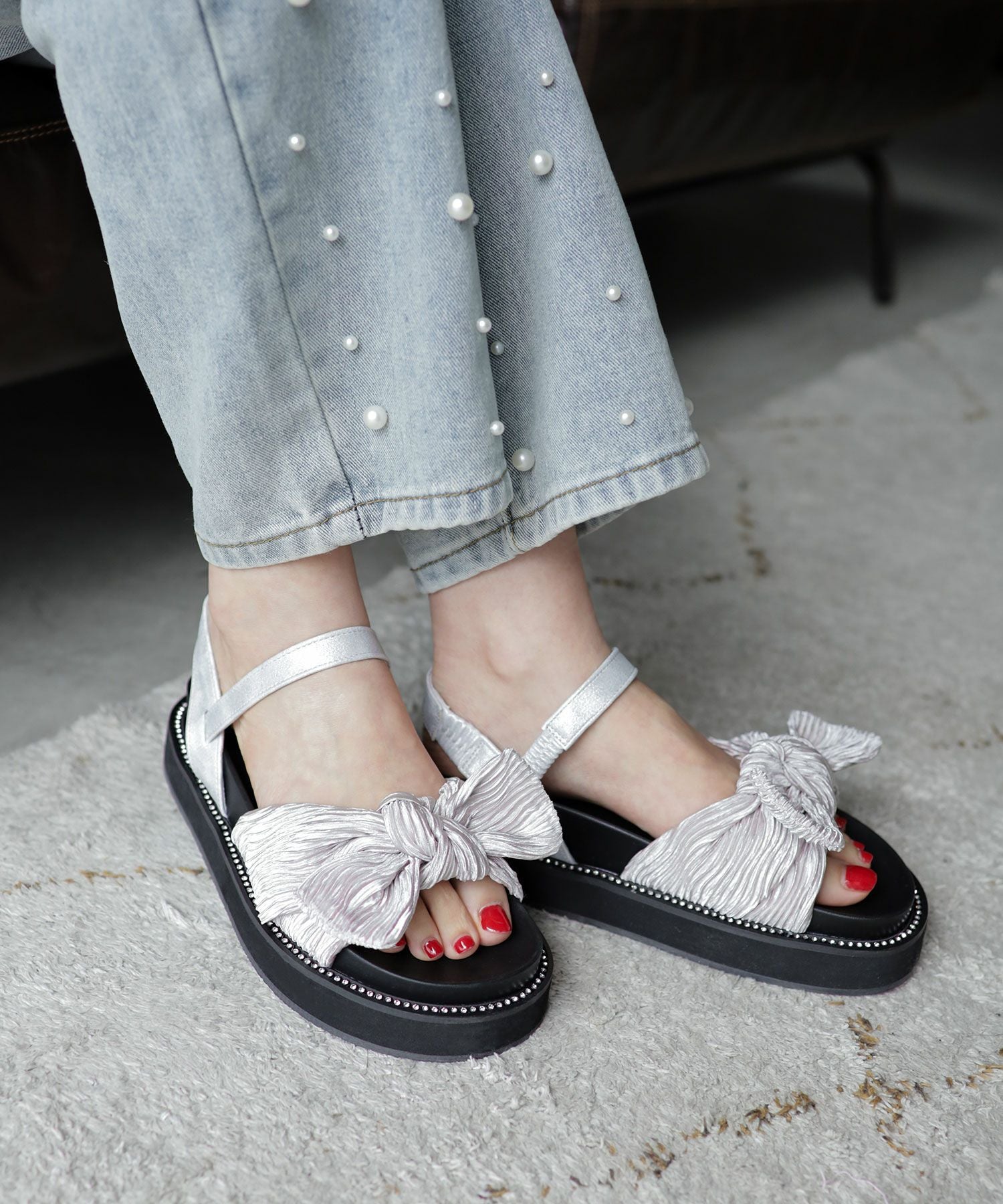 プリーツリボンフットベッドサンダル▲返品不可