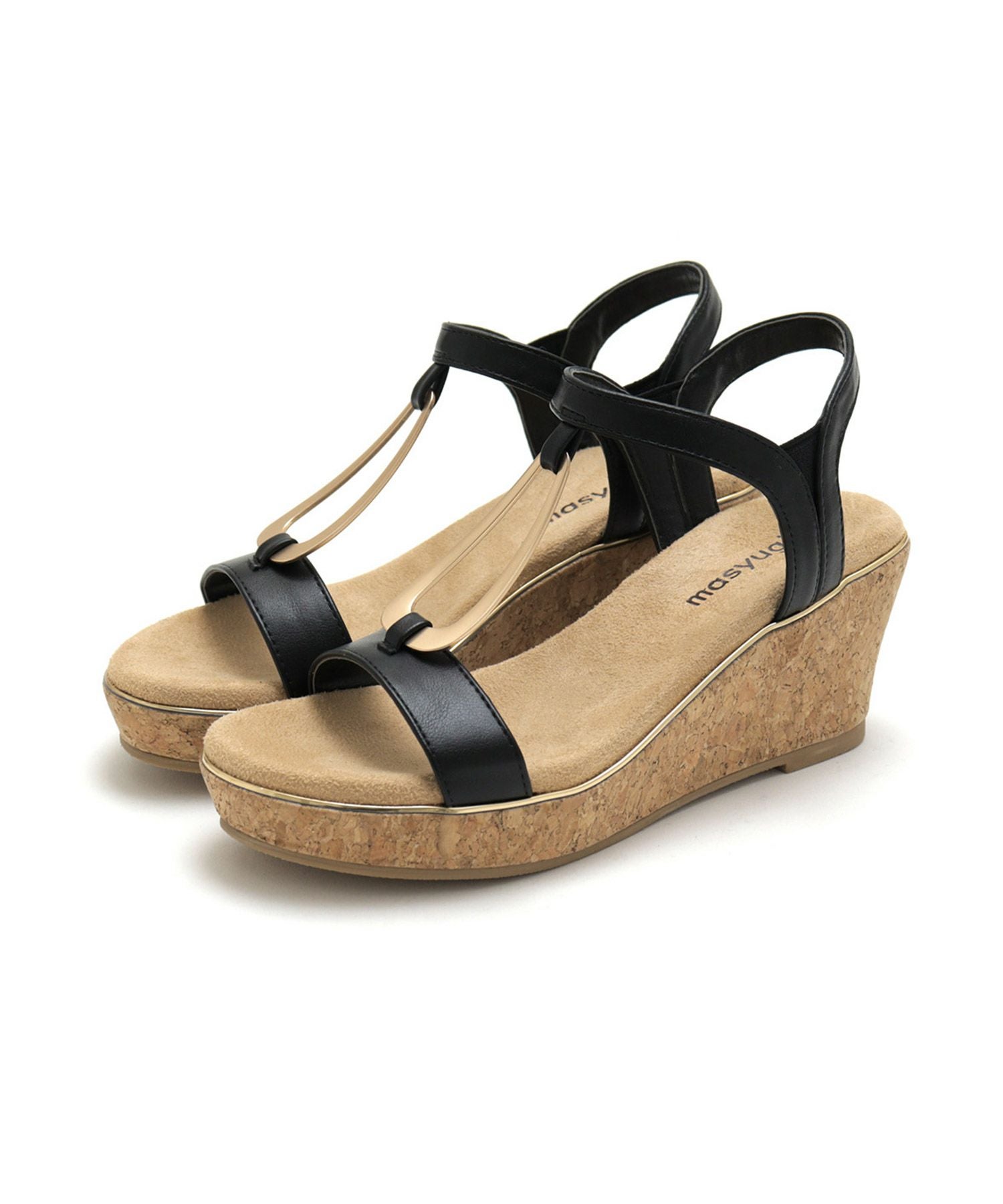 【4E幅広・大きいサイズ】7cmウェッジソール ゴールドバックルサンダル ▲返品不可