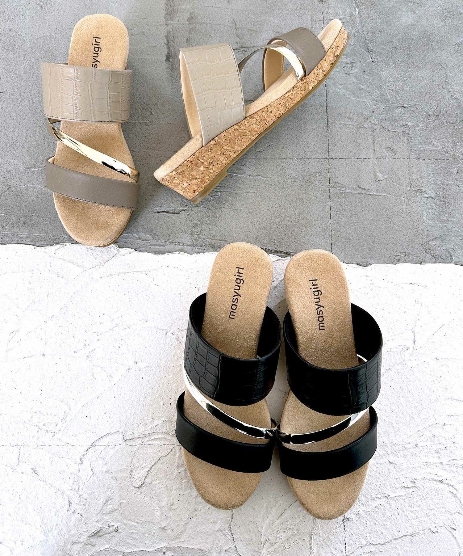 【4E幅広・大きいサイズ】4cmウェッジソール 3連ベルトサンダル