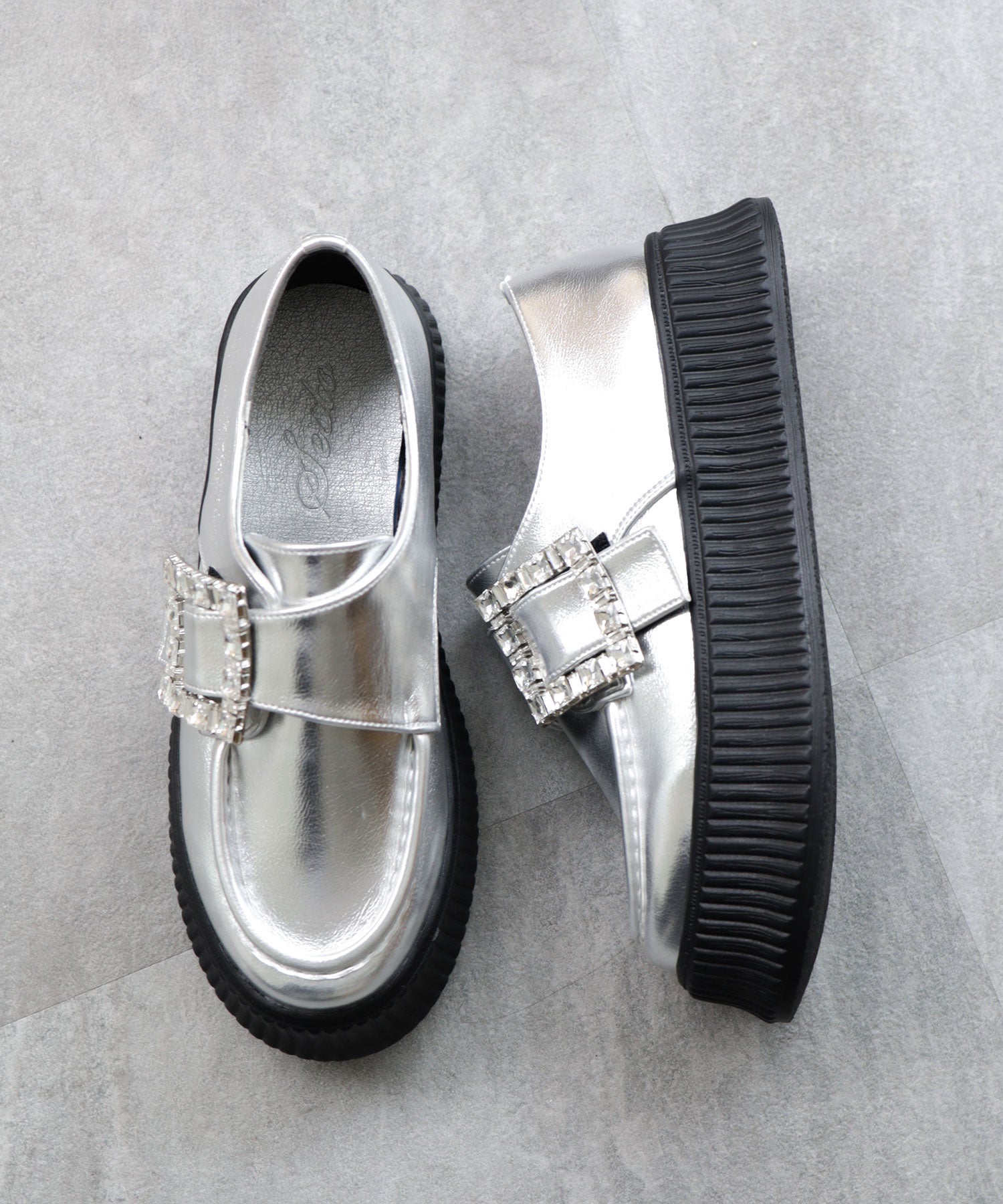 ビジューモチーフ厚底スリッポンローファー▲返品不可