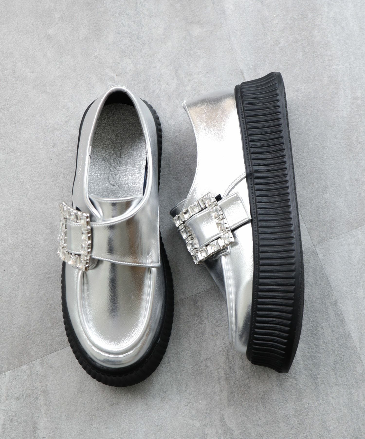 ビジューモチーフ厚底スリッポンローファー▲返品不可