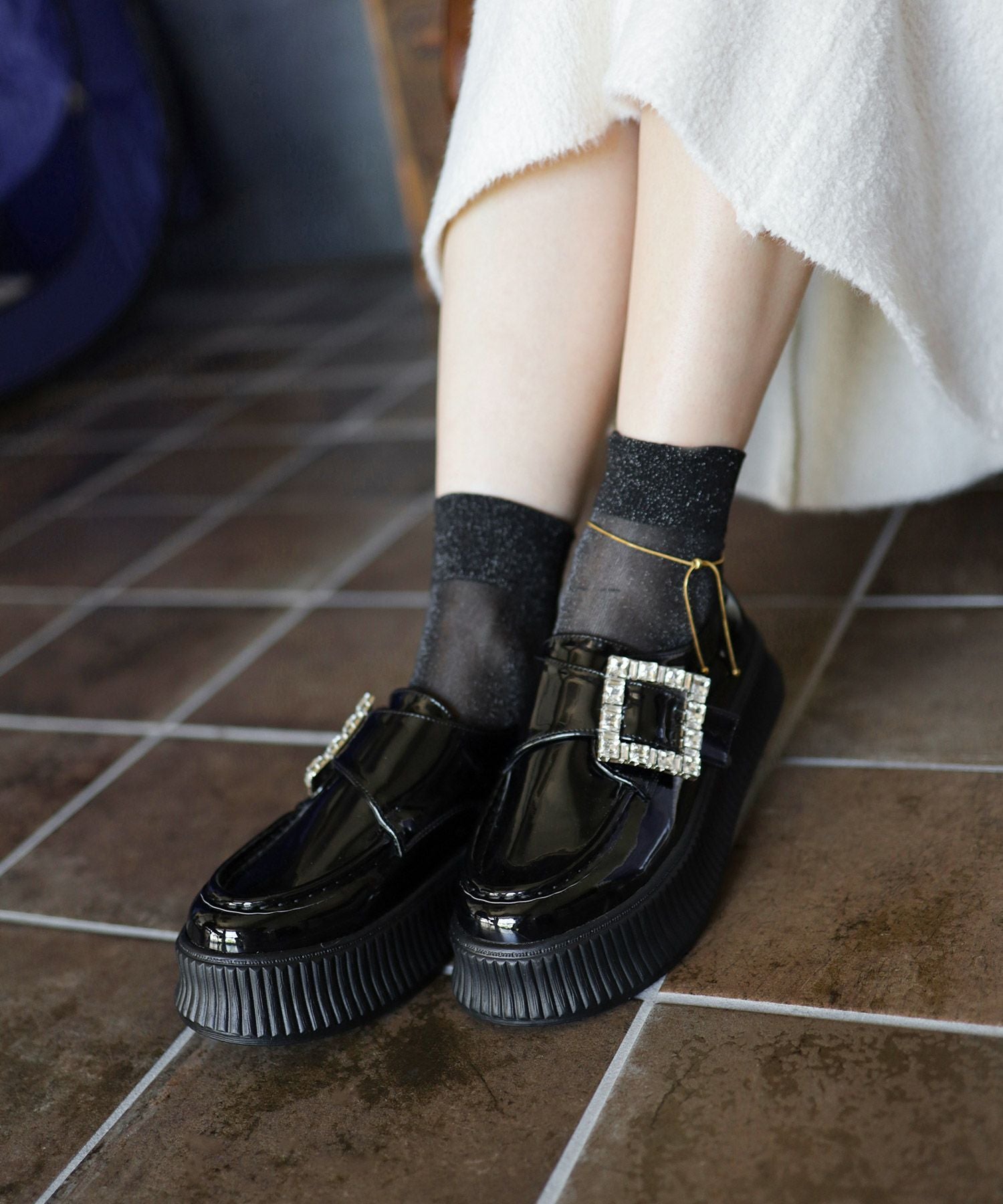 ビジューモチーフ厚底スリッポンローファー▲返品不可