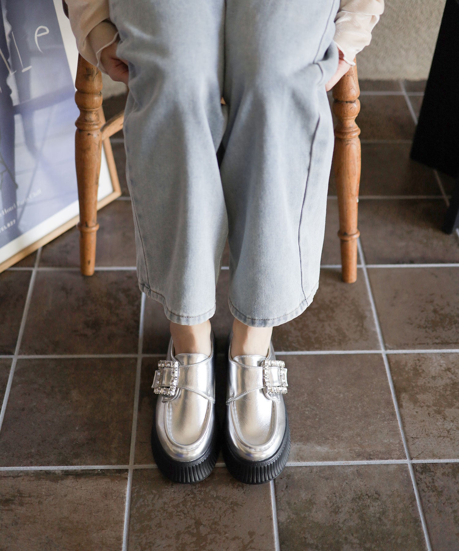 ビジューモチーフ厚底スリッポンローファー▲返品不可