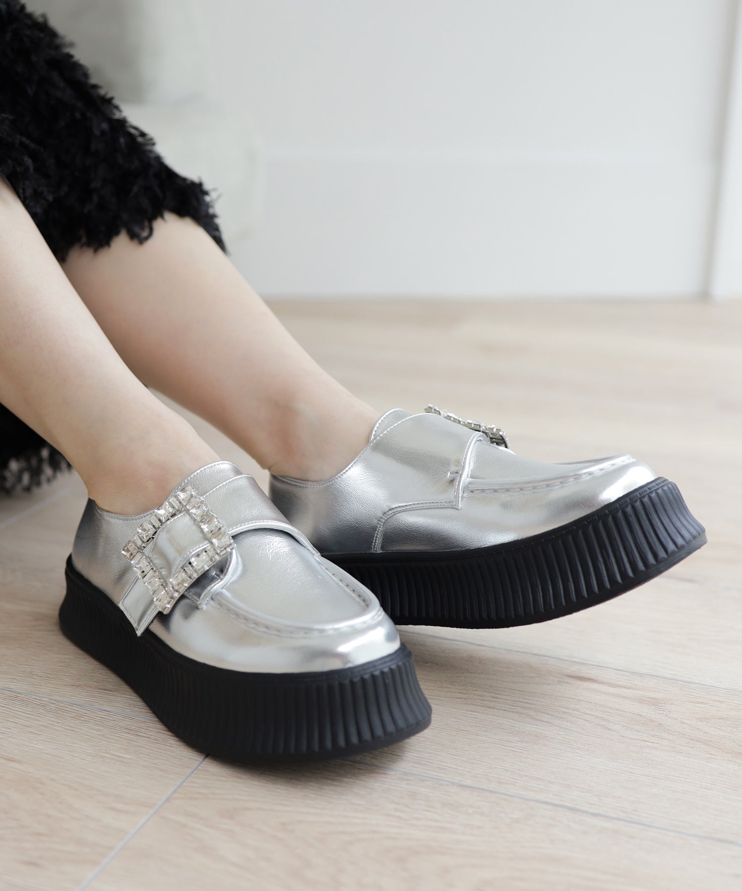 ビジューモチーフ厚底スリッポンローファー▲返品不可