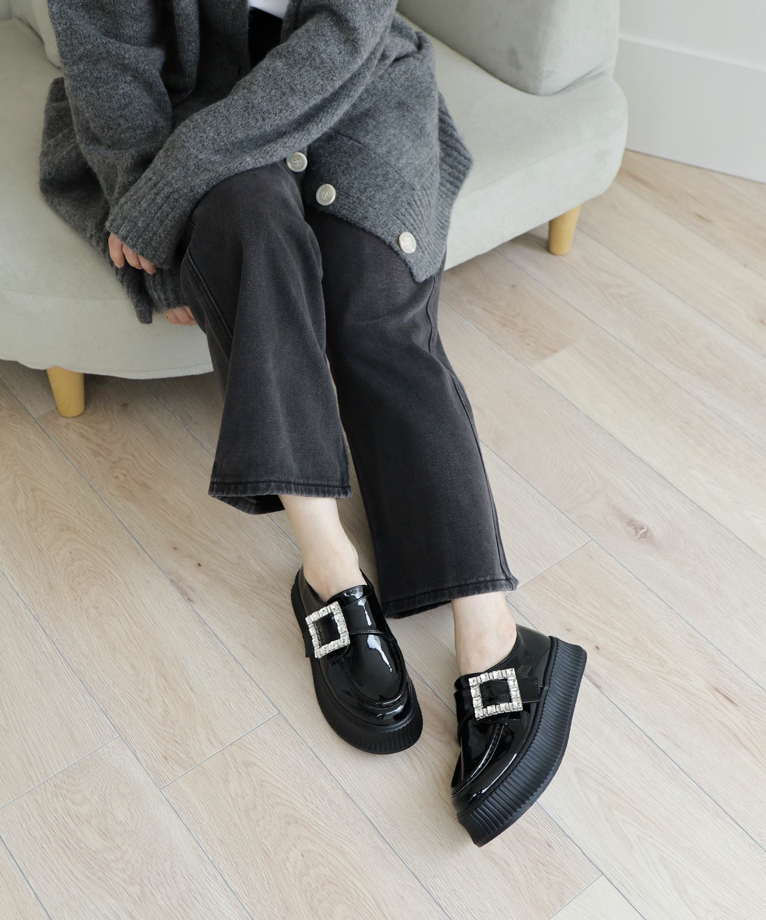 ビジューモチーフ厚底スリッポンローファー▲返品不可