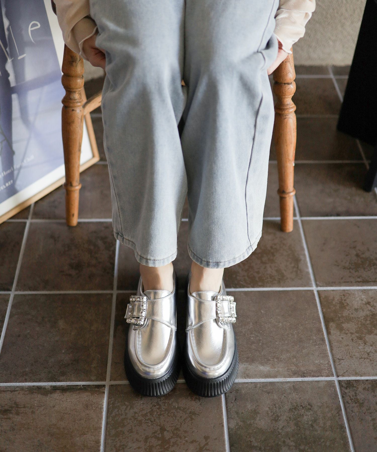 ビジューモチーフ厚底スリッポンローファー▲返品不可