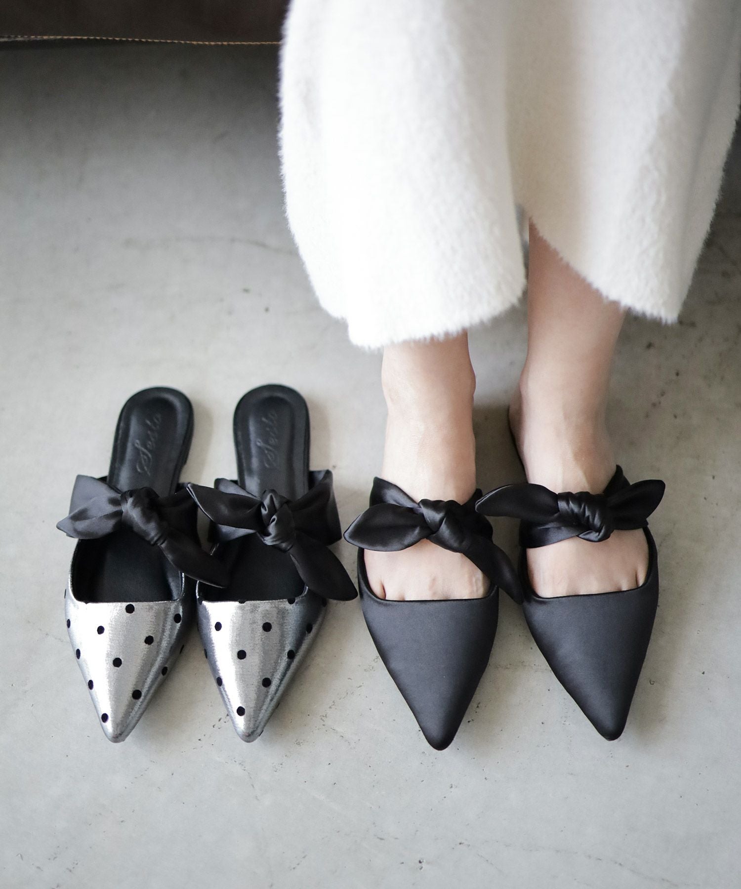 ポインテッドトゥフラットリボンミュール▲返品不可