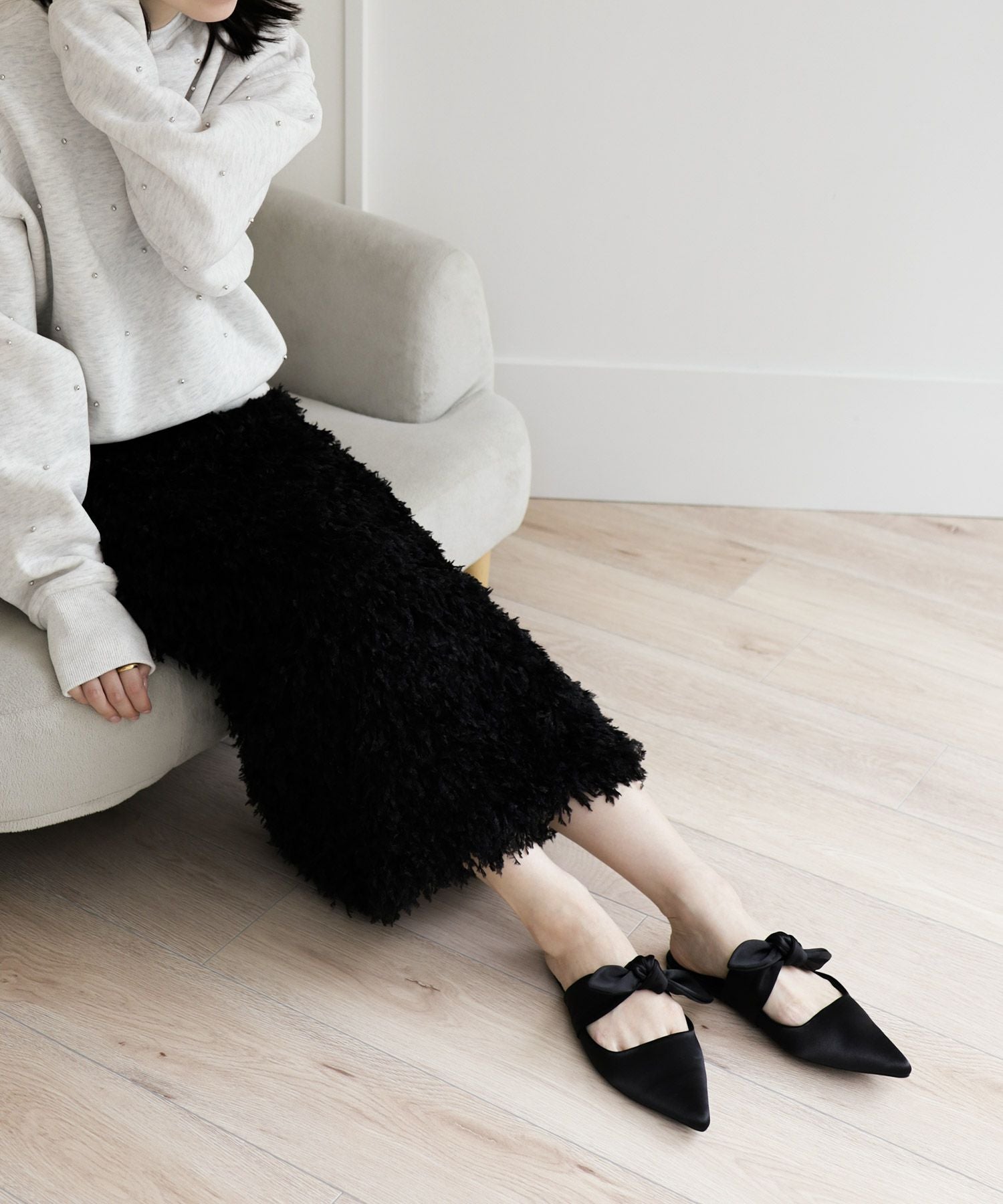 ポインテッドトゥフラットリボンミュール▲返品不可