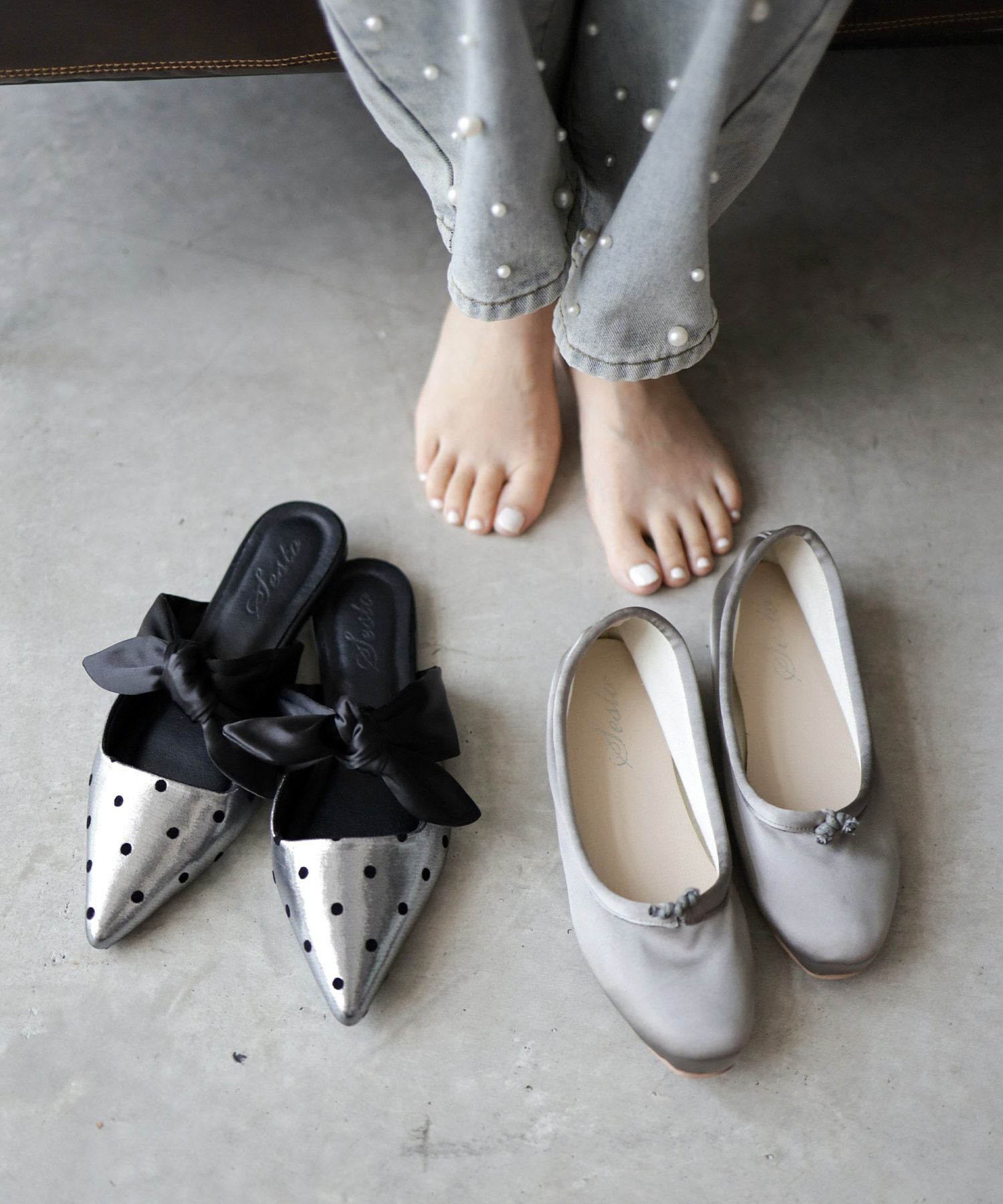 ポインテッドトゥフラットリボンミュール▲返品不可