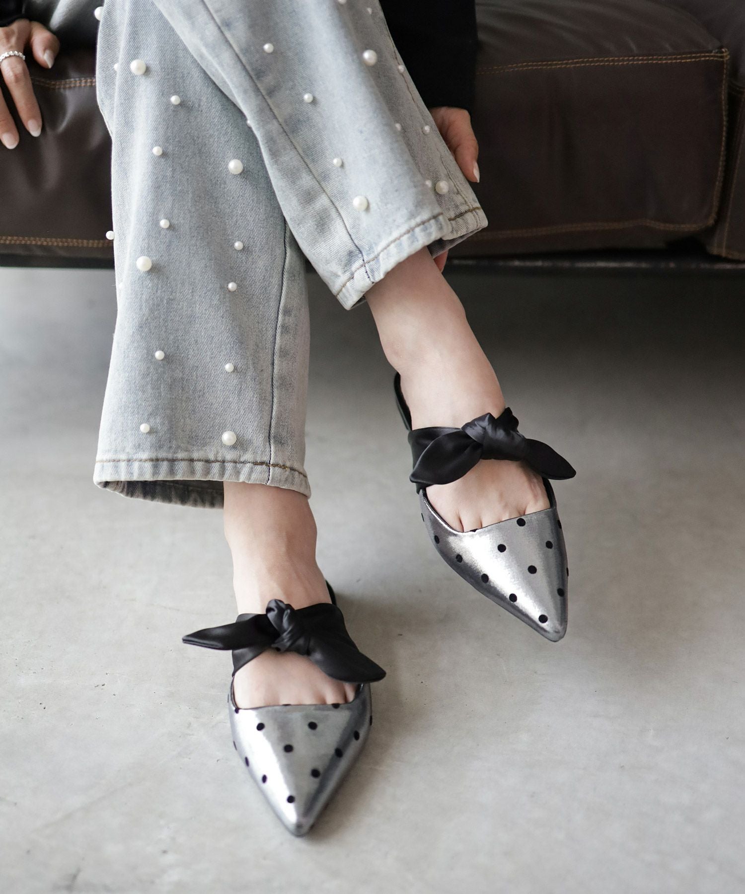 ポインテッドトゥフラットリボンミュール▲返品不可