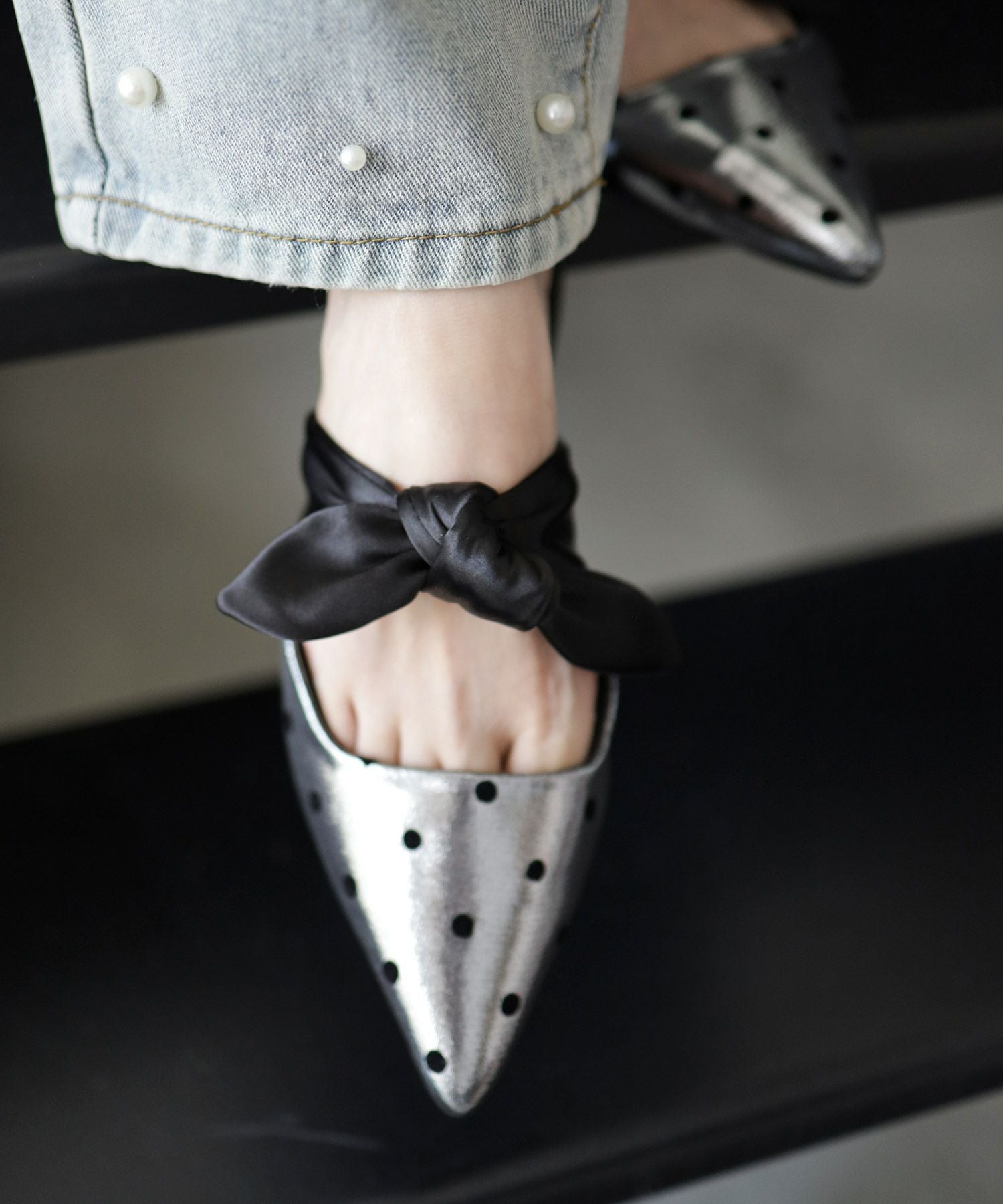 ポインテッドトゥフラットリボンミュール▲返品不可