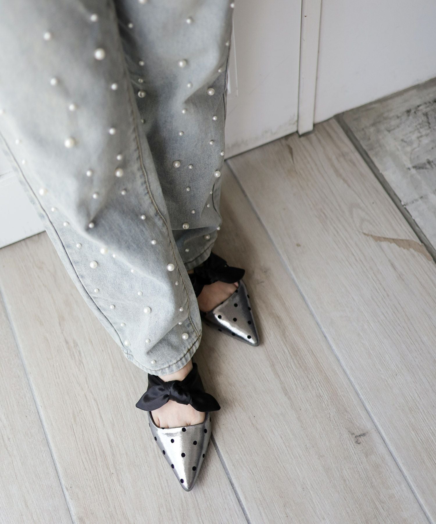 ポインテッドトゥフラットリボンミュール▲返品不可