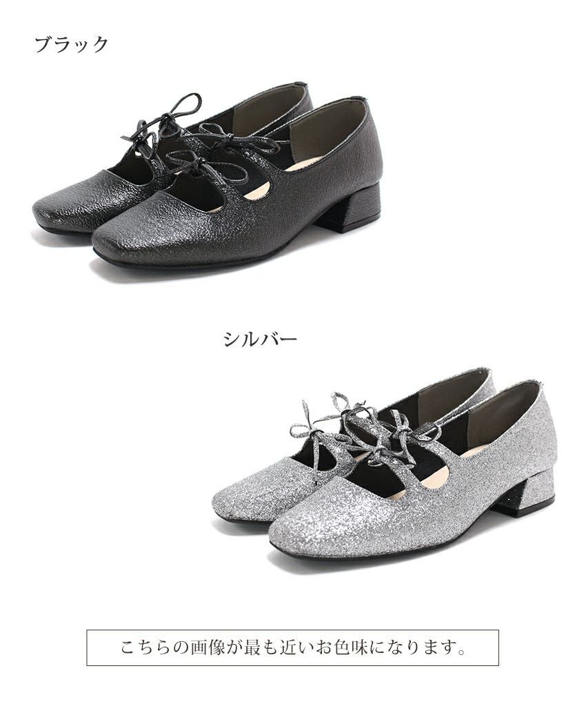 レースアップ風リボンゴムストラップメリージェーンパンプス