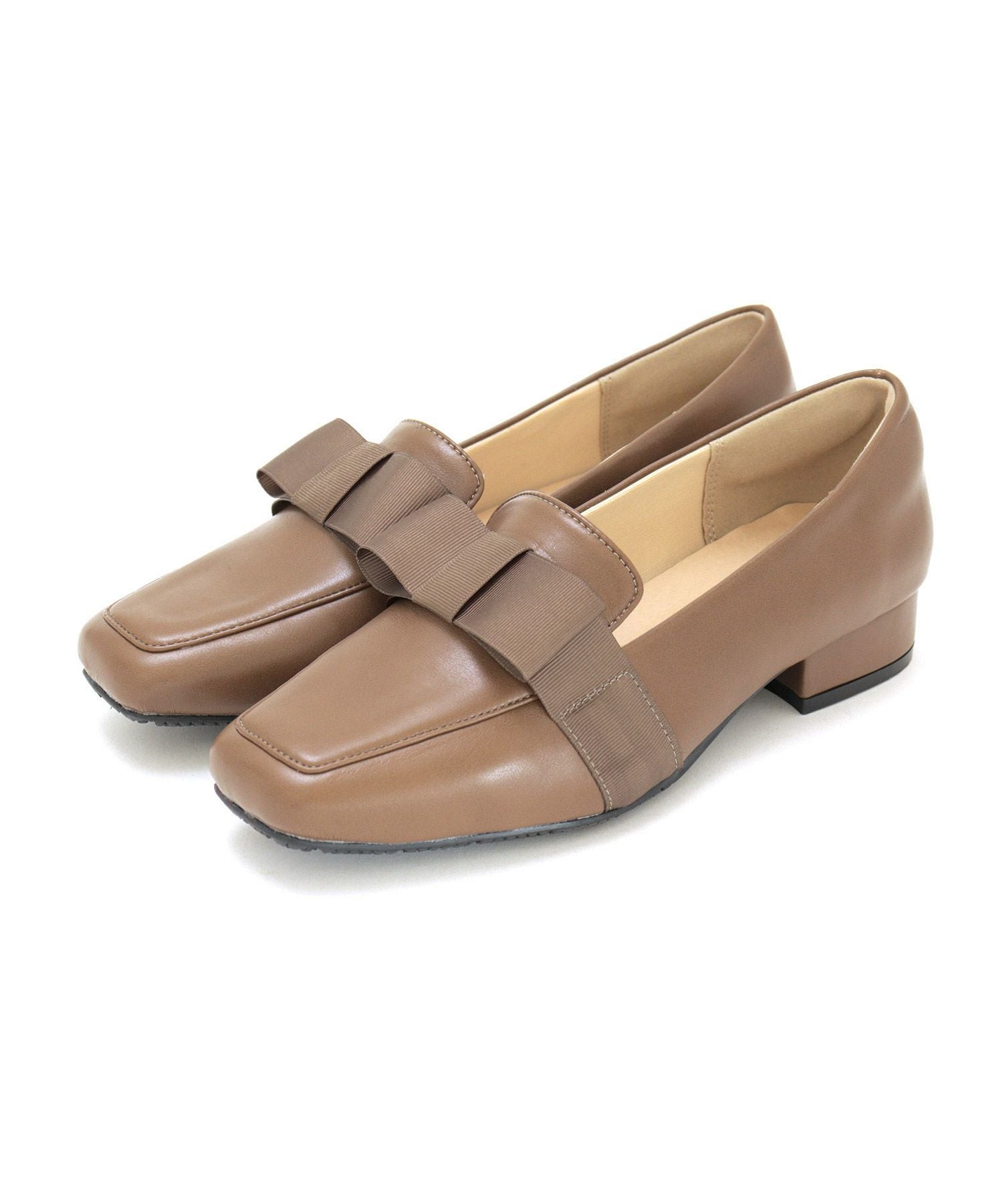 【4E幅広・大きいサイズ 防滑底】 グログランリボン ローヒール スクエアトゥパンプス